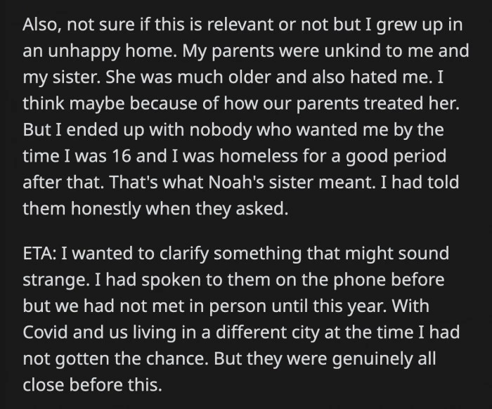 OP shared her difficult past with her fiance's family