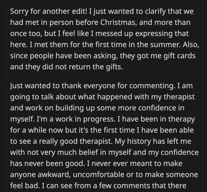 OP expresses gratitude for the comments and states her intention to discuss the situation with her therapist