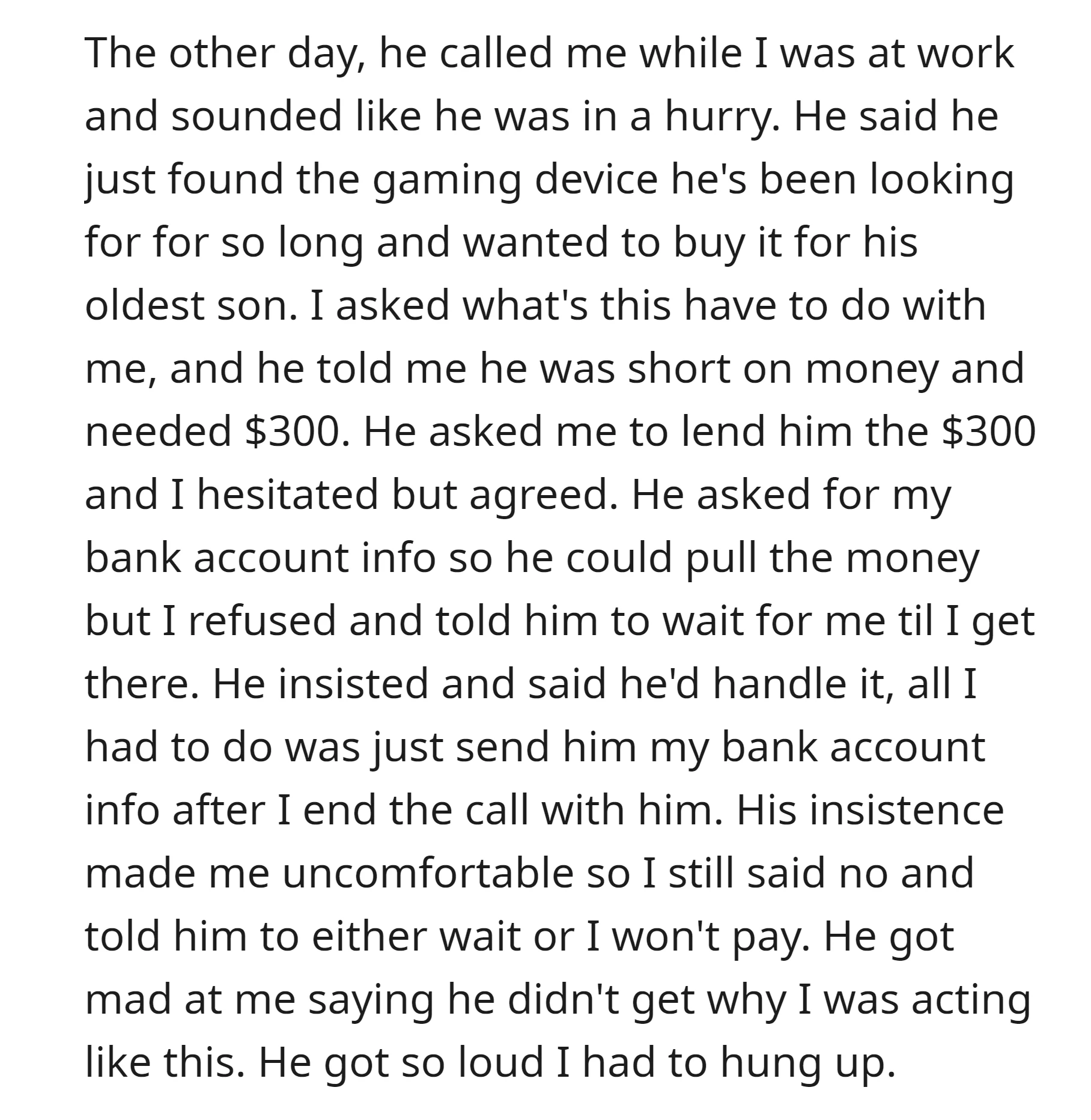 OP's boyfriend urgently asked for a $300 loan to buy a gaming device for his son