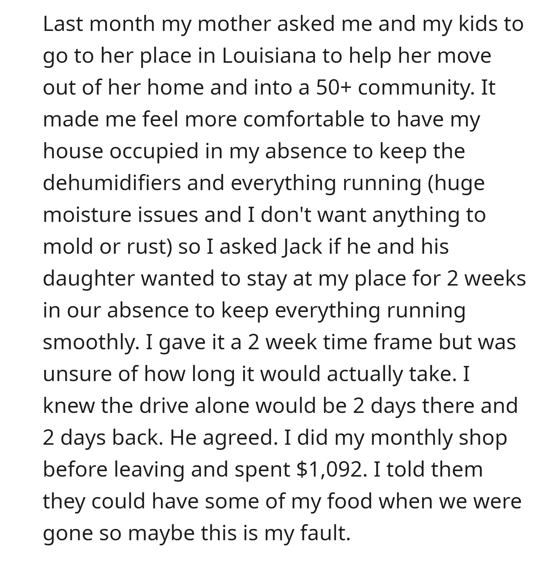 OP invited Jack and his daughter to stay at their house for two weeks, she left them some food worth $1,092