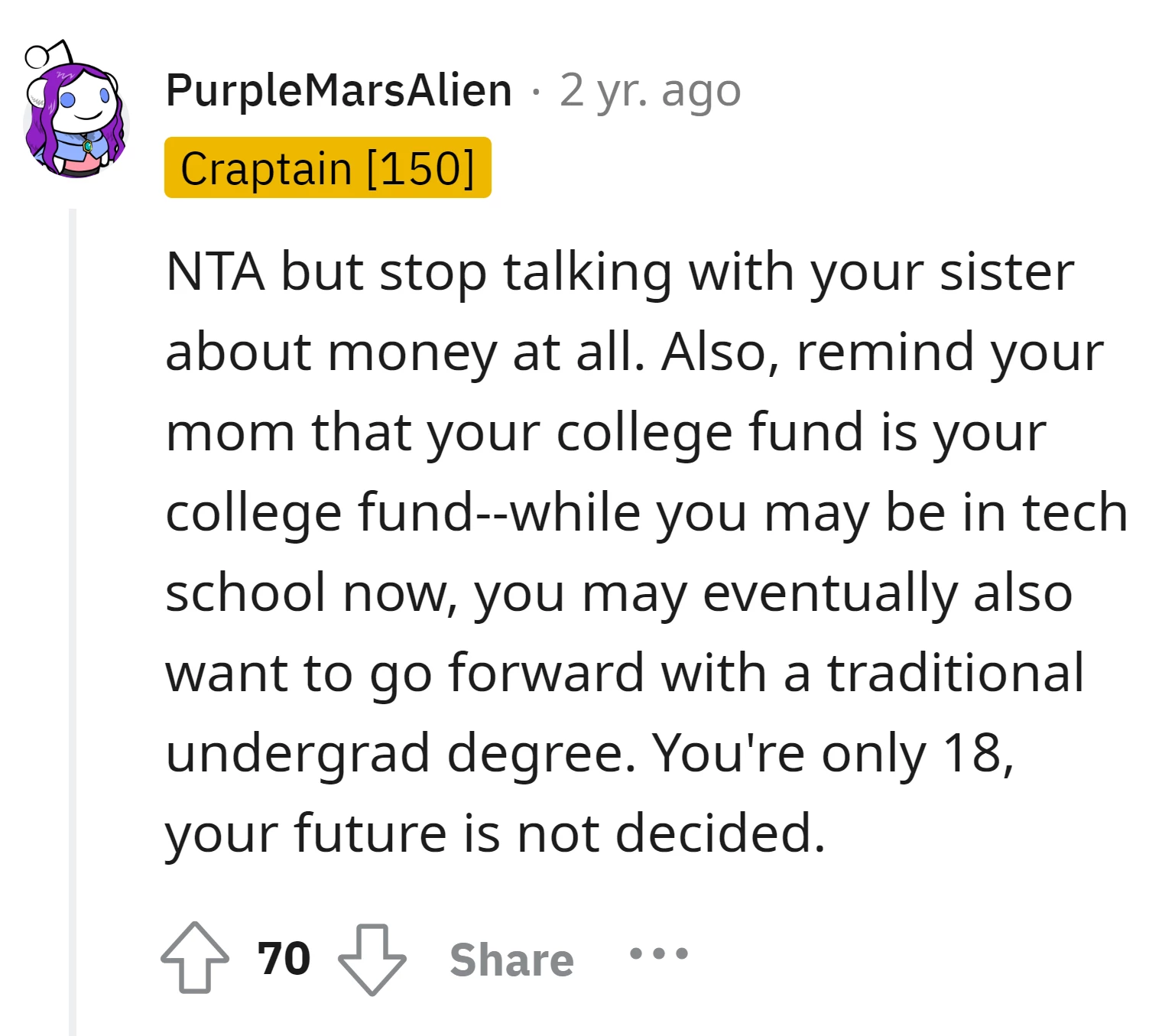 The OP has the right to her college fund regardless of current educational choices