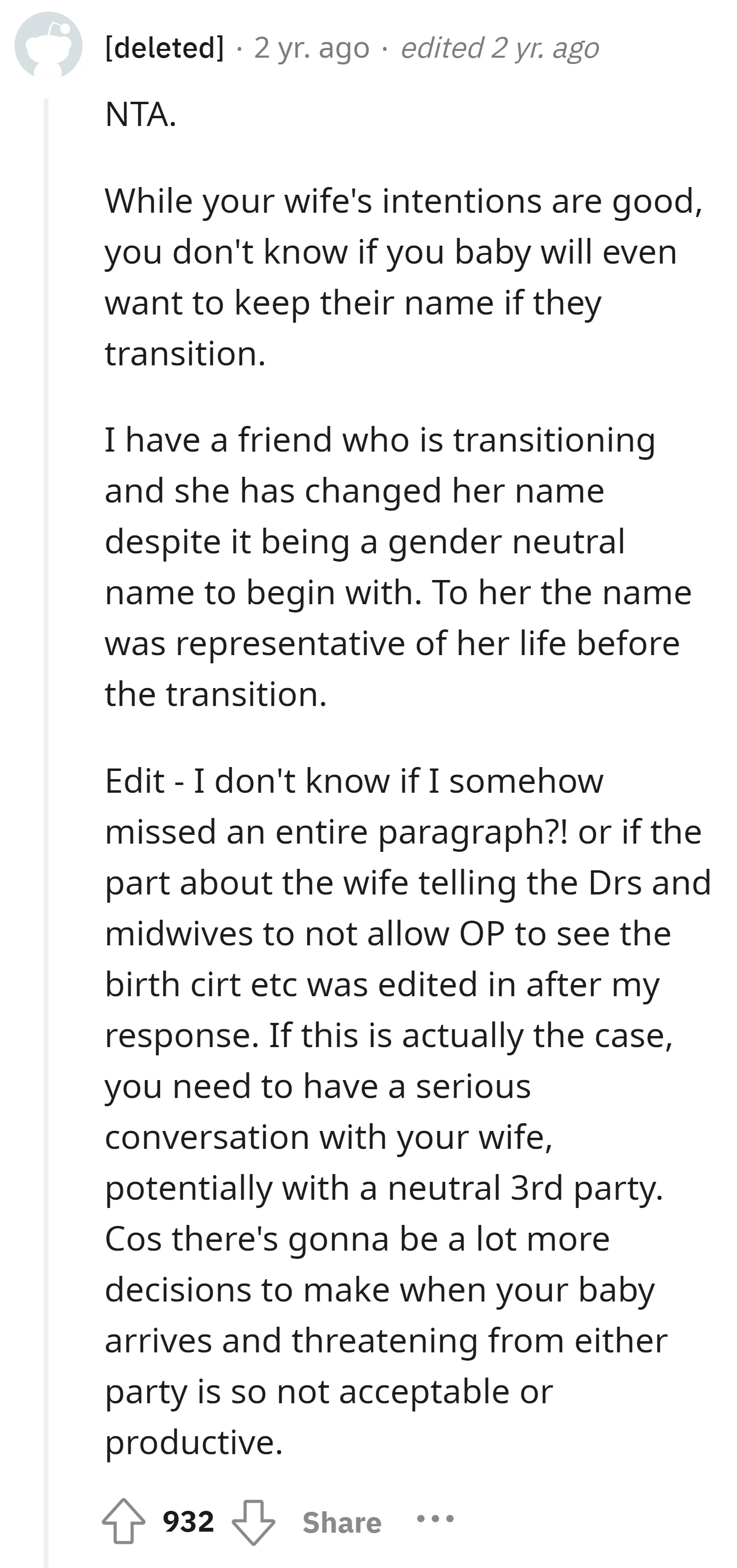 OP should concern over the wife's threat to exclude him from birth certificate decisions