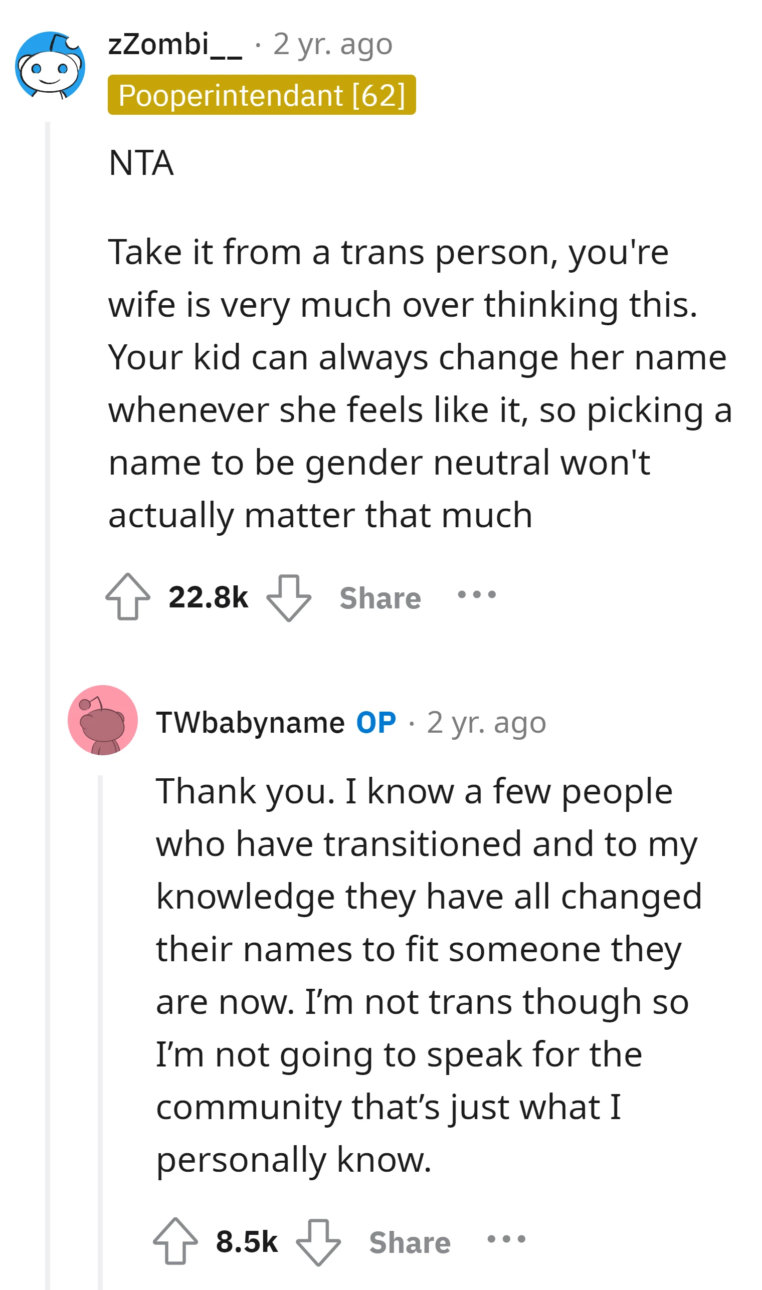 A trans person reassures the OP that choosing a gender-neutral name isn't as crucial