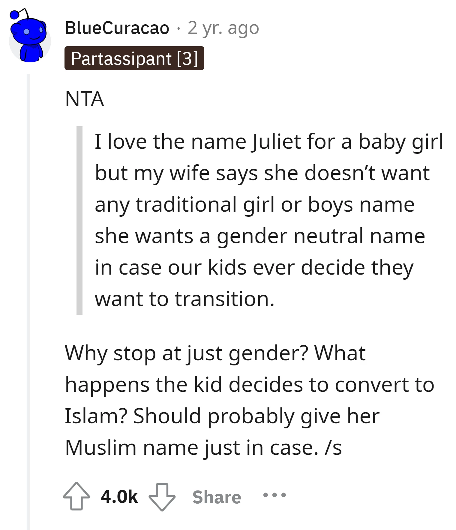 Commenter criticizes the idea of choosing a gender-neutral name based on potential future decisions