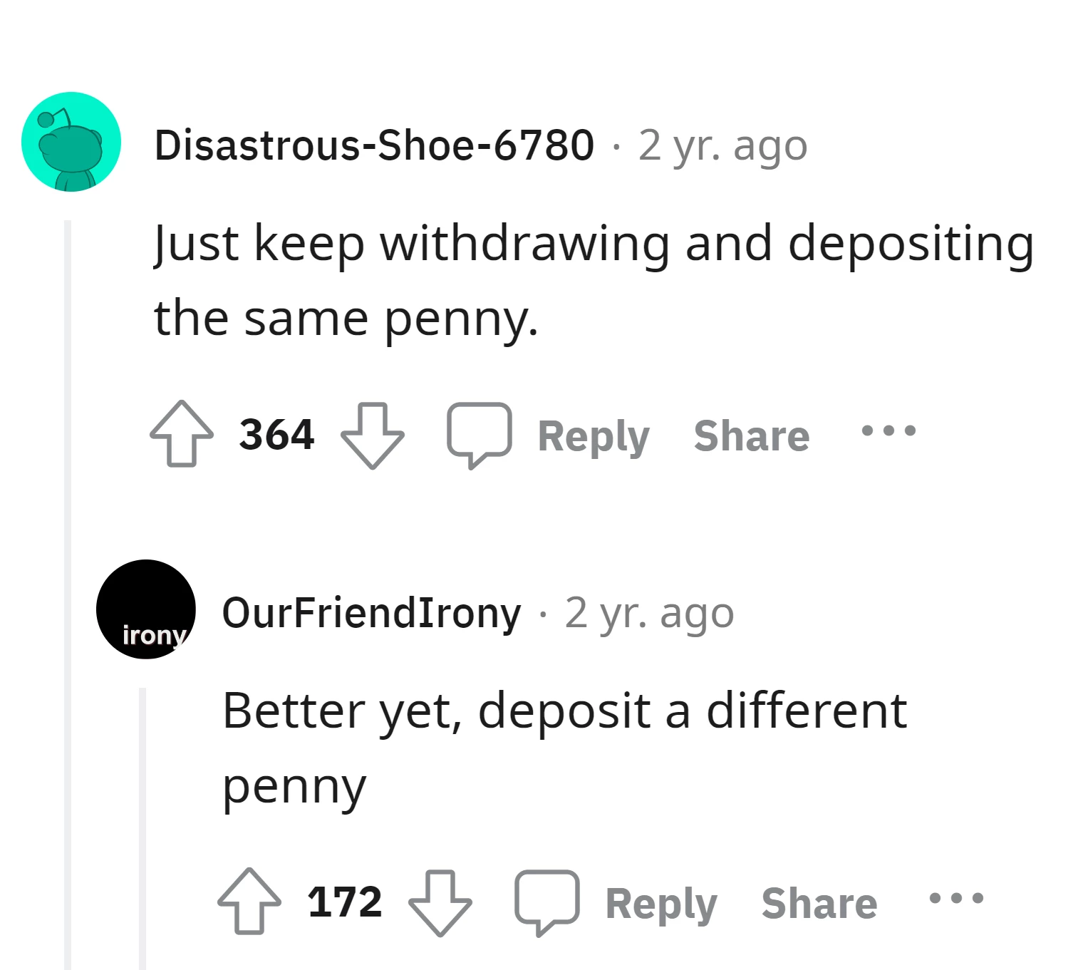 Commenter suggests a cheeky solution to avoid inactivity fees by continuously withdrawing and depositing the same penny,