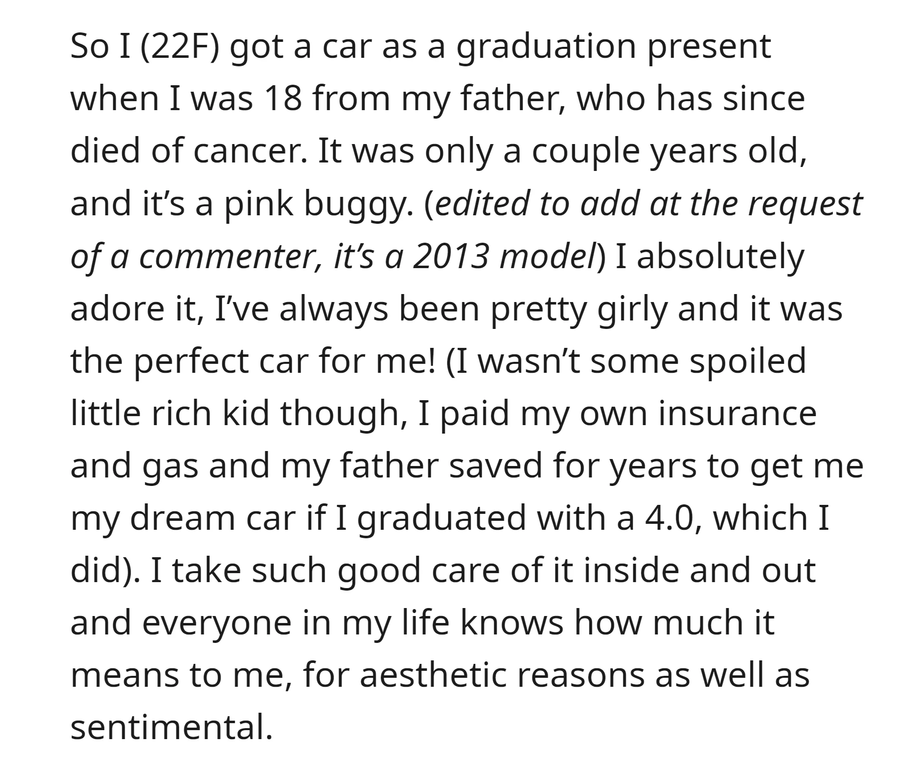 OP received a pink buggy as a graduation gift from her late father at 18