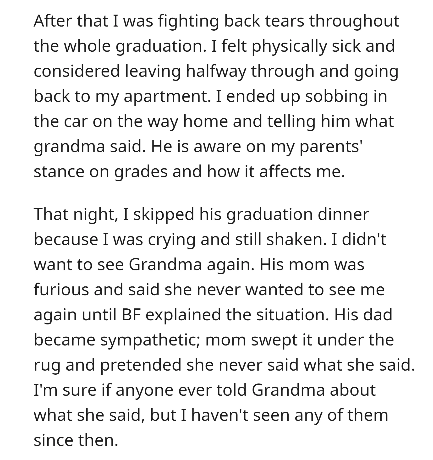OP fought back tears throughout her boyfriend's graduation