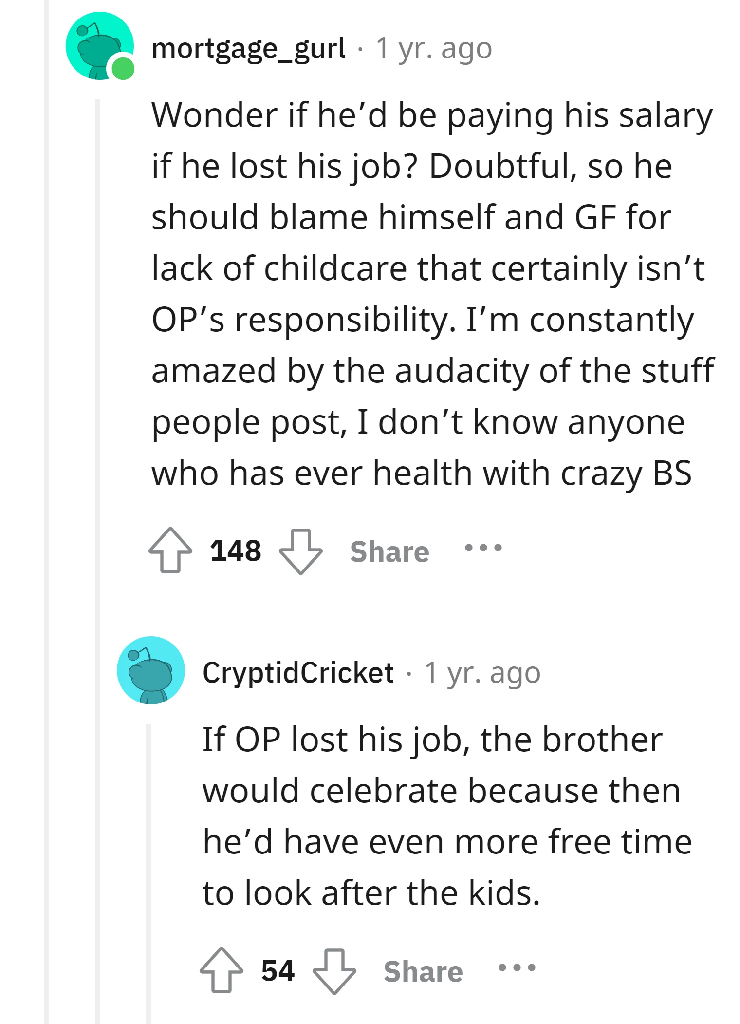 Commenter questions if the brother would financially support the OP if they lost their job