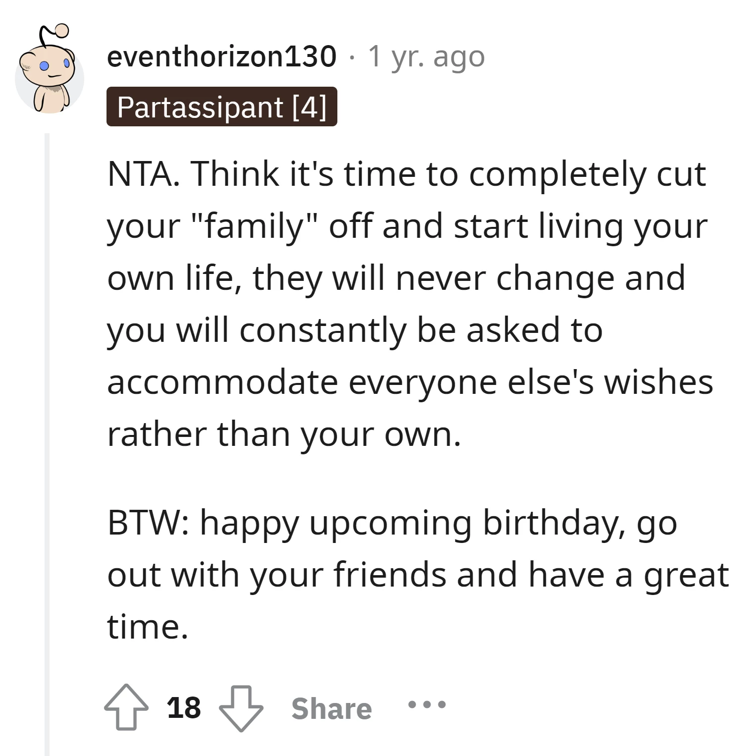 The commenter advises the OP to cut ties with their family