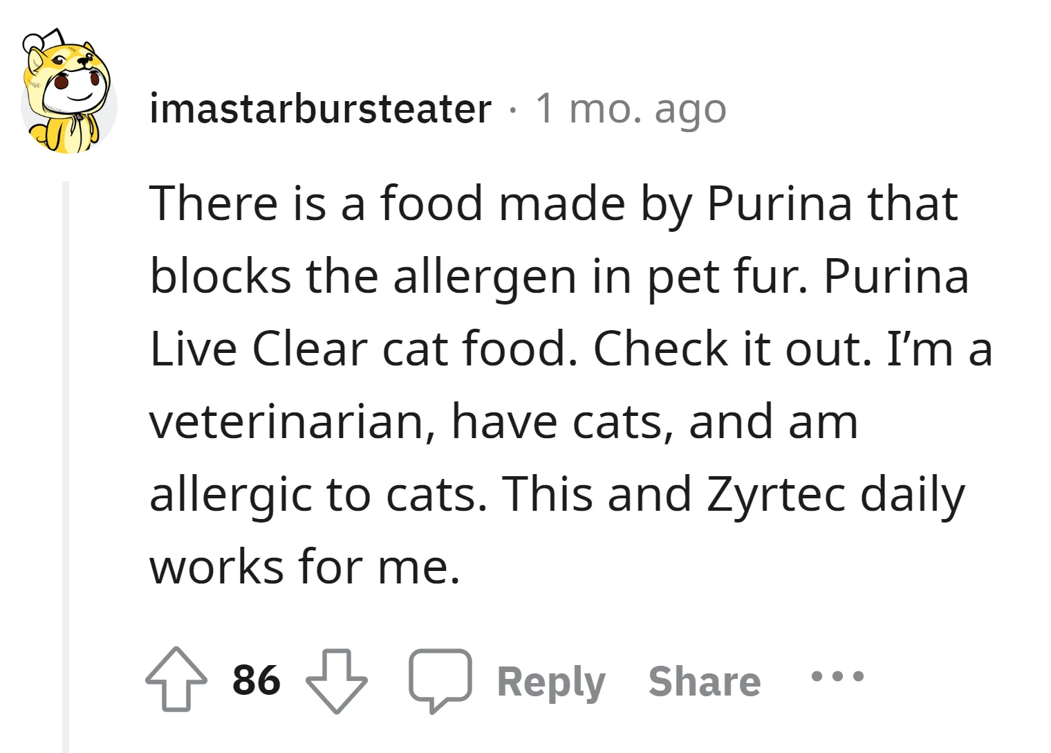 Commenter recommends Purina Live Clear cat food