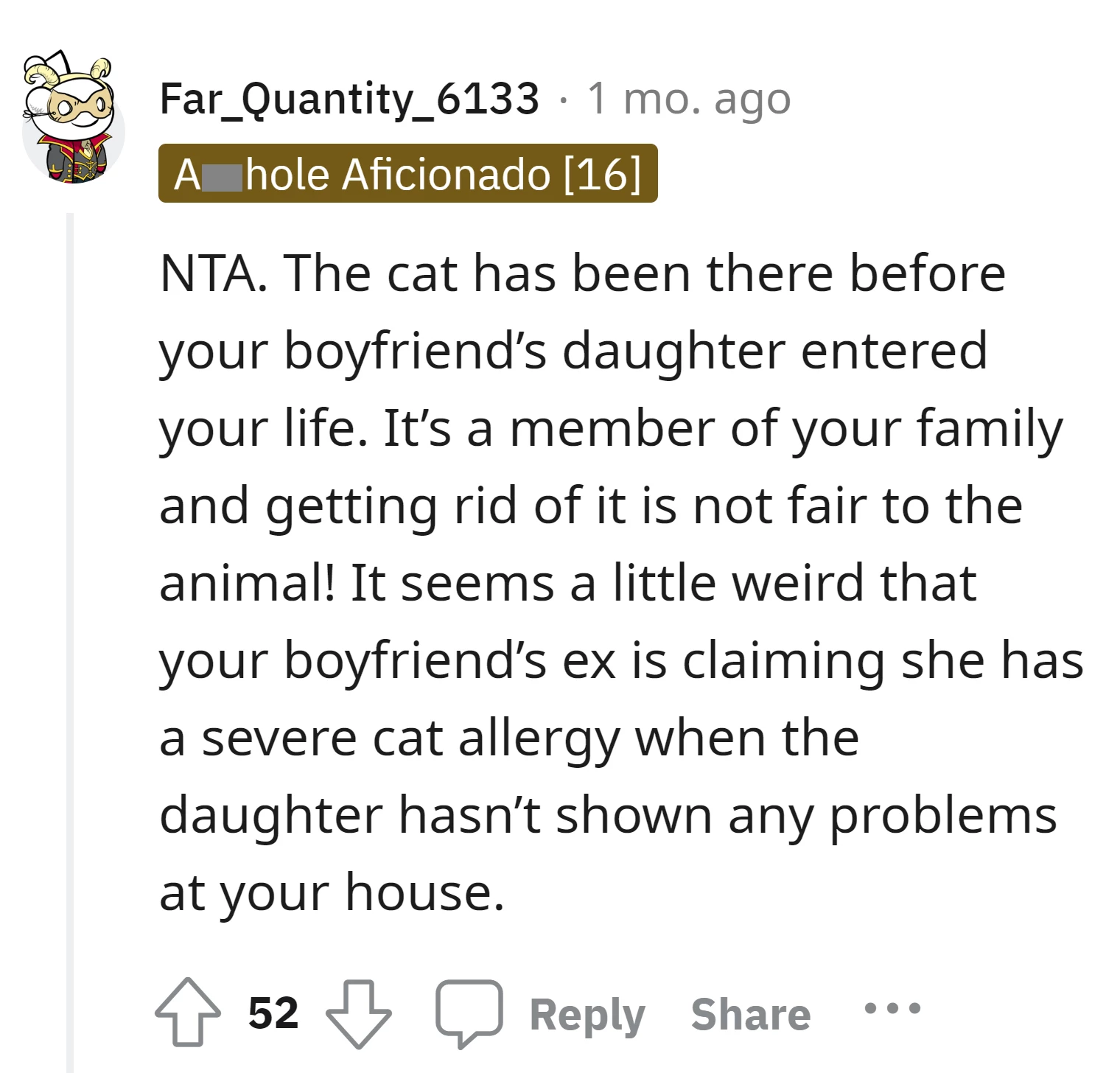 Get rid of the cat, a long-time family member, is unfair