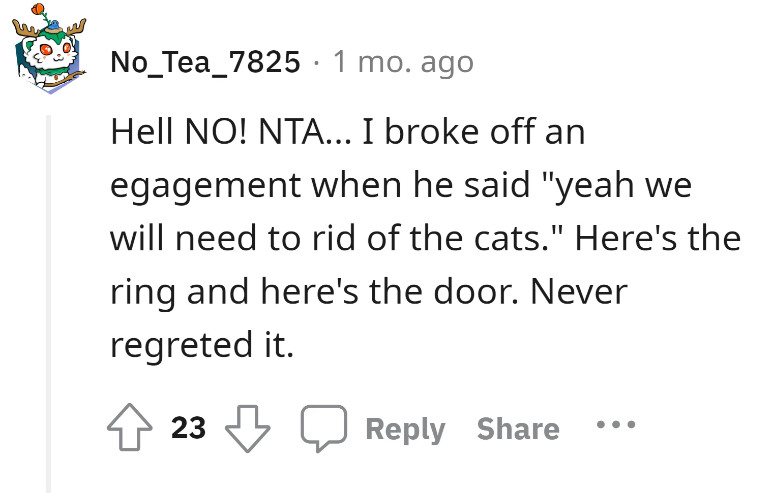 The commenter strongly opposes the idea of getting rid of cats for a relationship