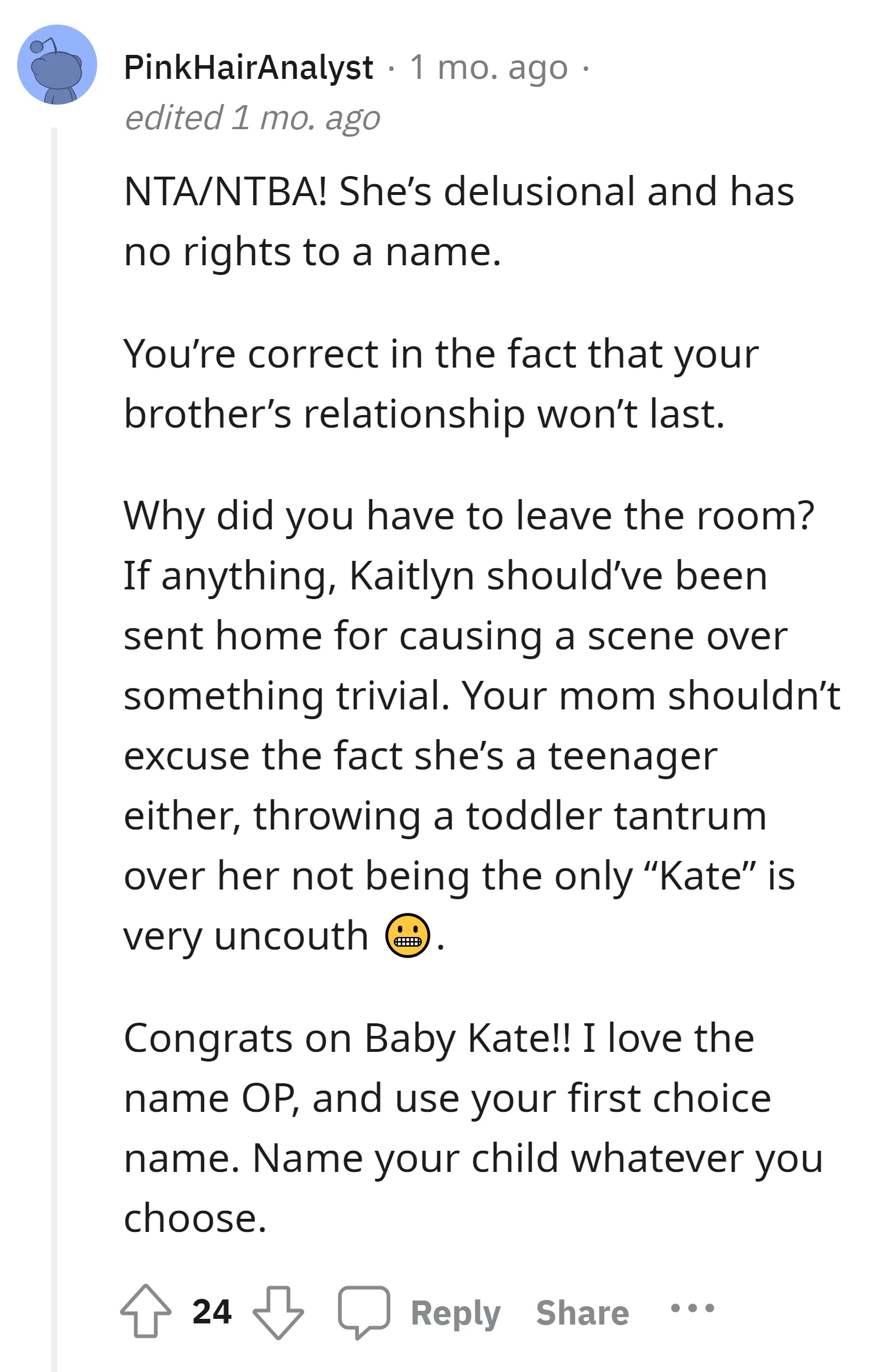 OP should choose name "Kate" for the baby