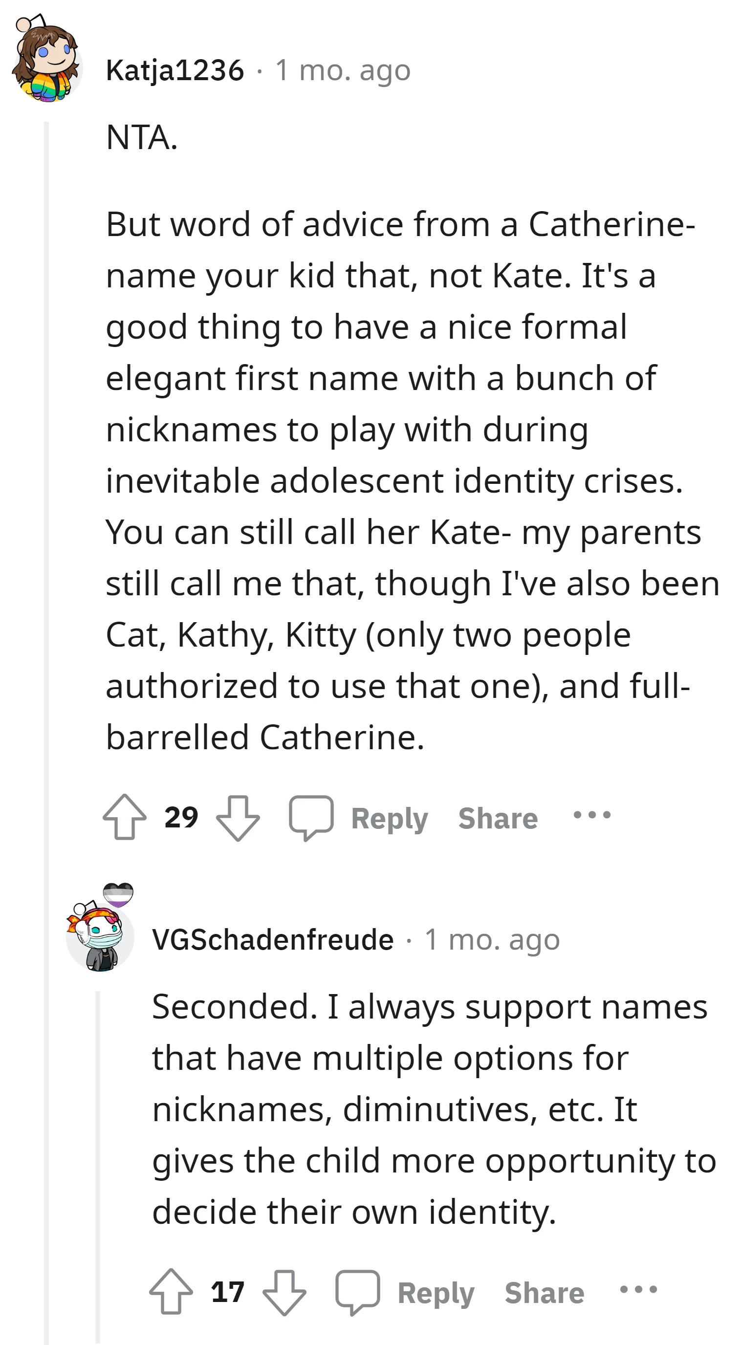 Redditor suggests naming the child Catherine for a more formal and versatile name