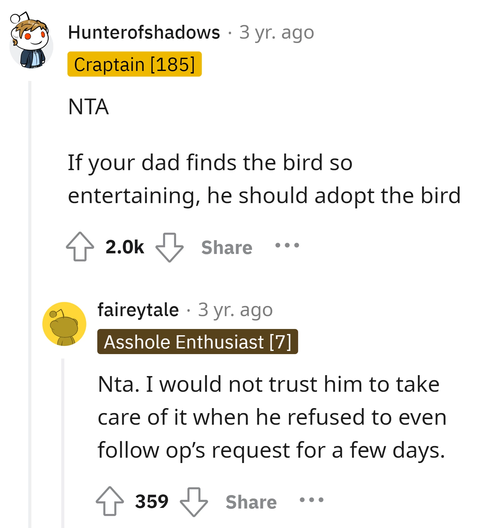 If the dad finds the swearing bird entertaining, he should adopt it