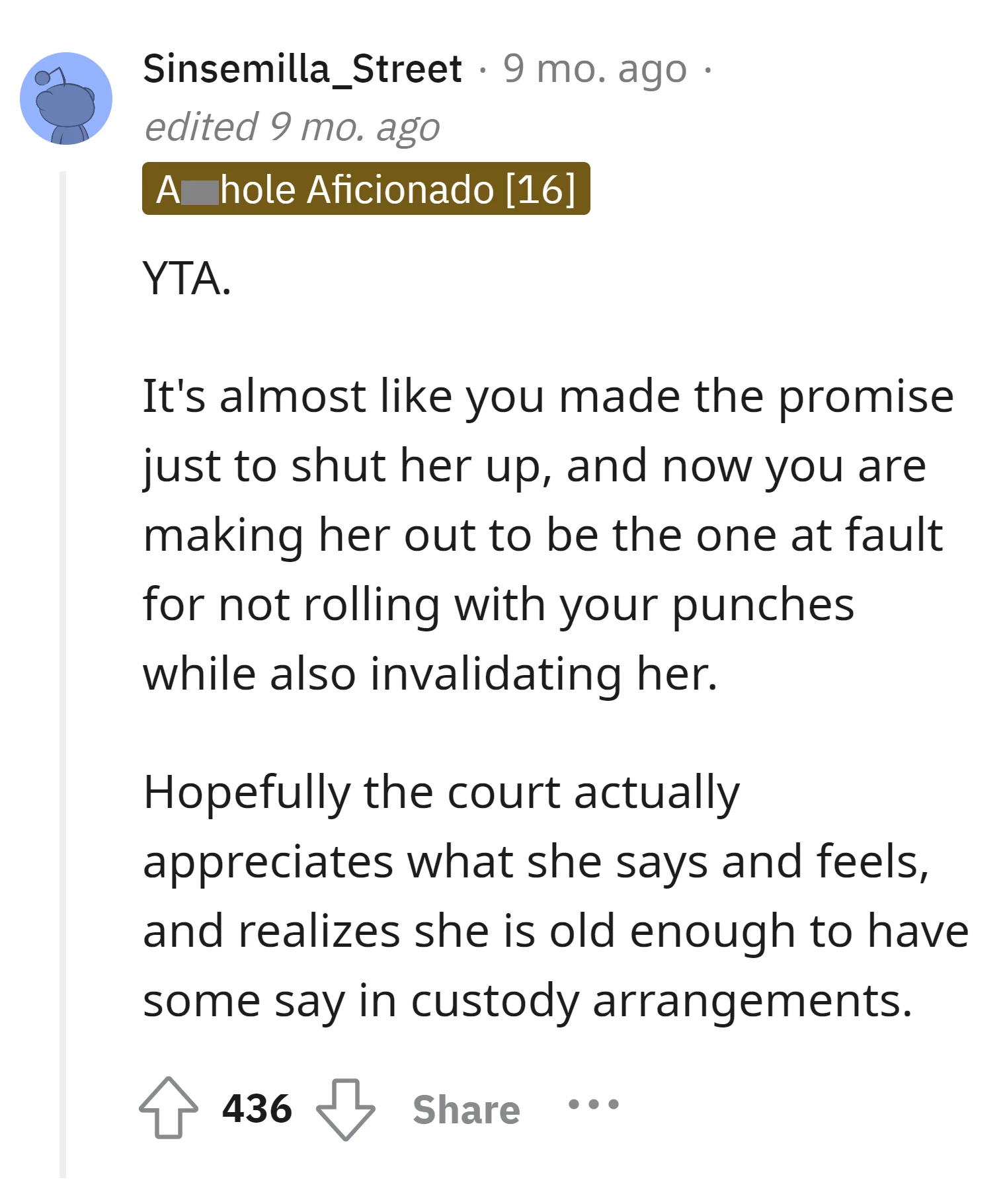 Commenter criticizes the OP for invalidating her daughter's feelings