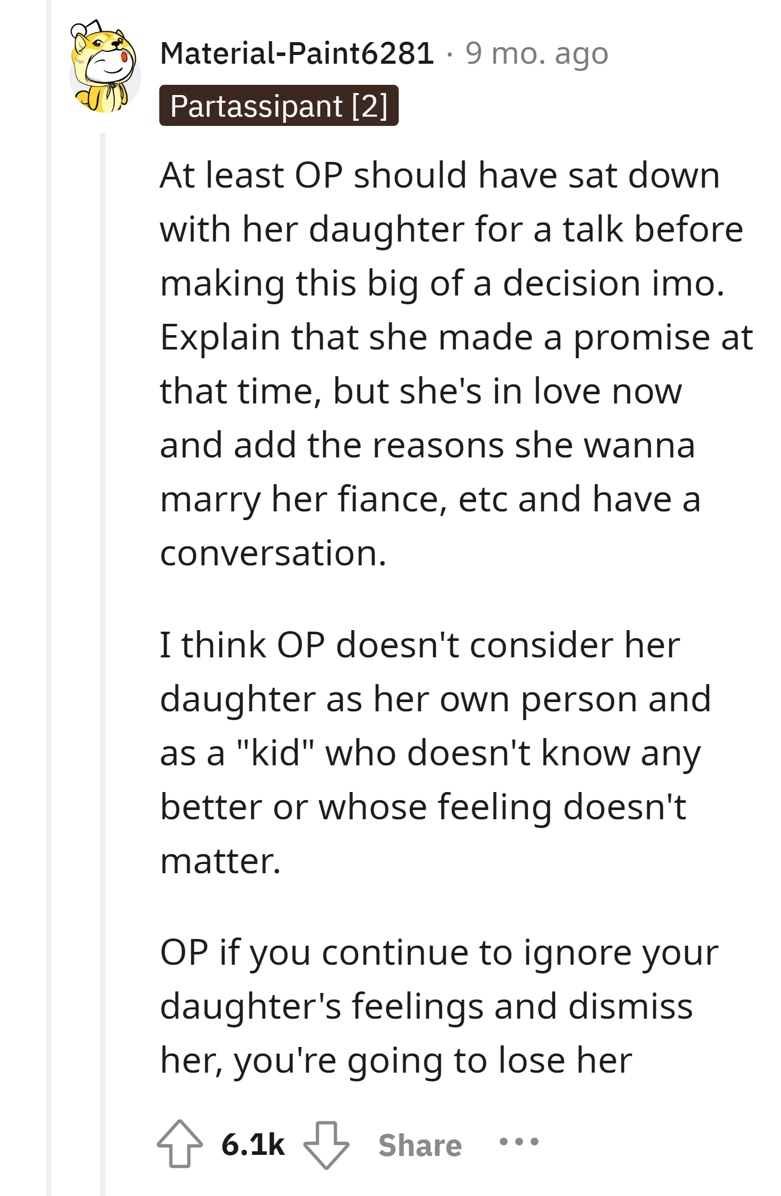 OP should have discussed the decision with her daughter before getting engaged