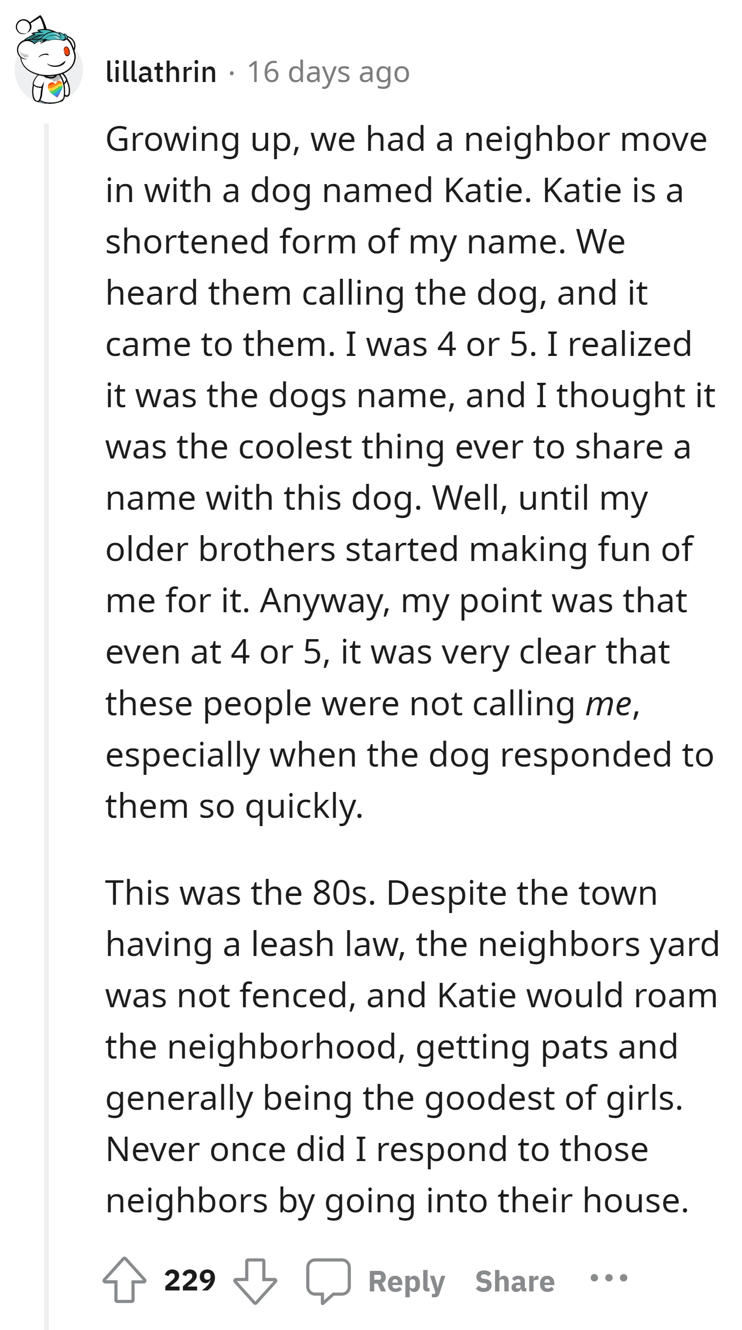 This Redditor shared a name with a neighbor's dog but quickly understood the distinction