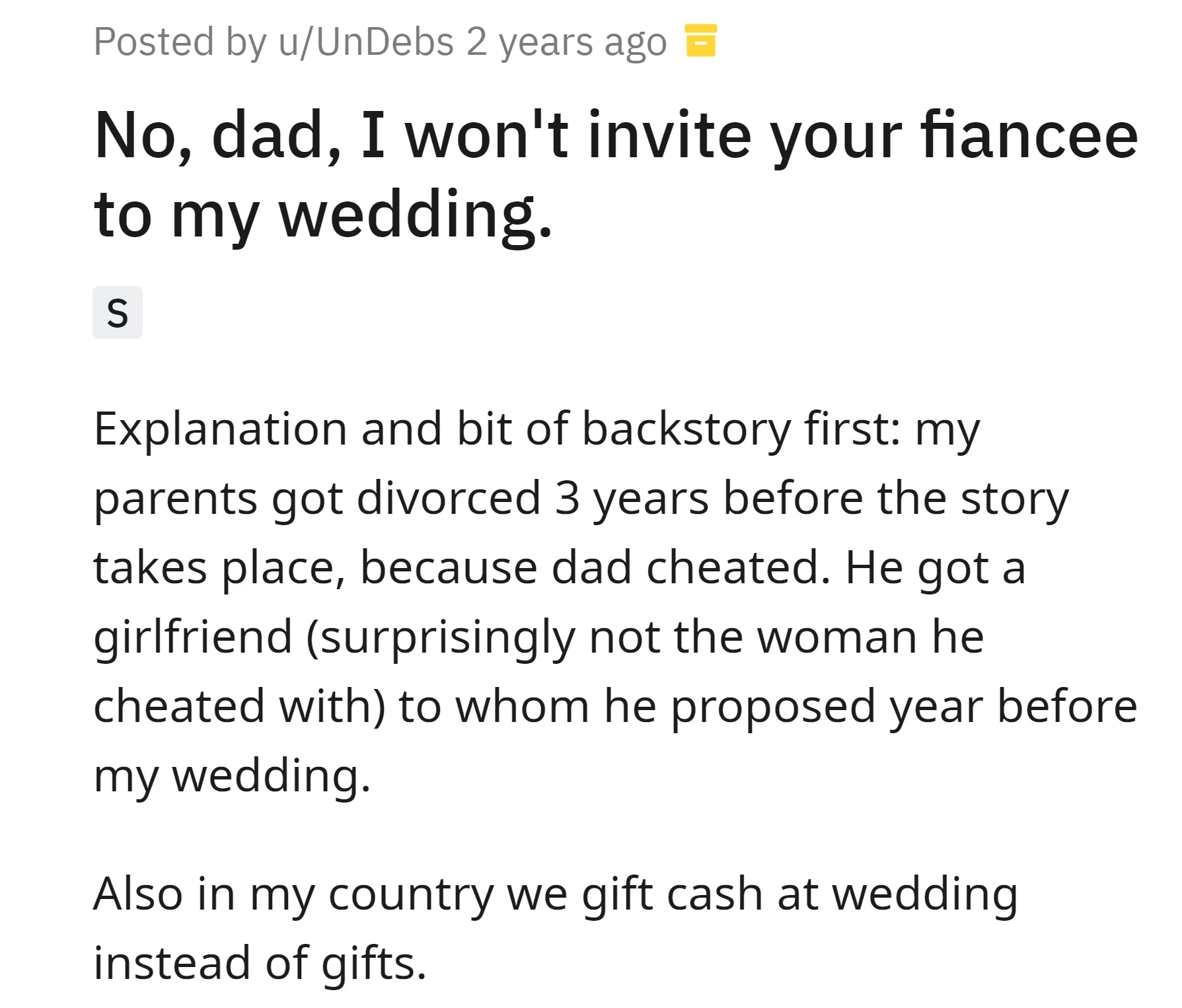 In OP's country, people gift cash at wedding instead of gifts