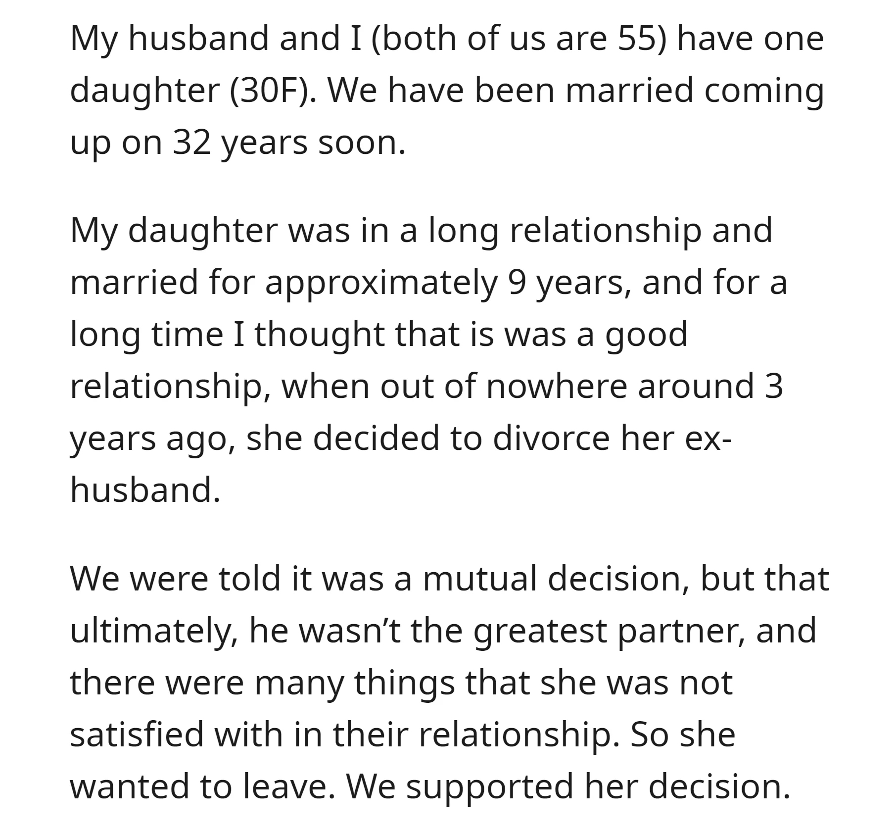 OP's daughter unexpectedly divorced her husband and sought OP's help