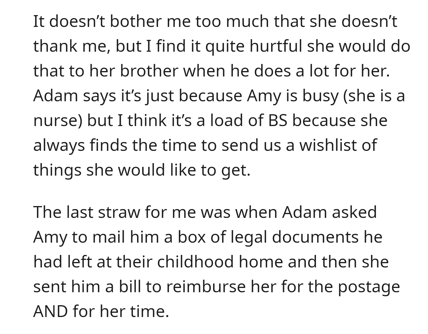 When OP's boyfriend Adam asked Amy to mail him a box of legal documents