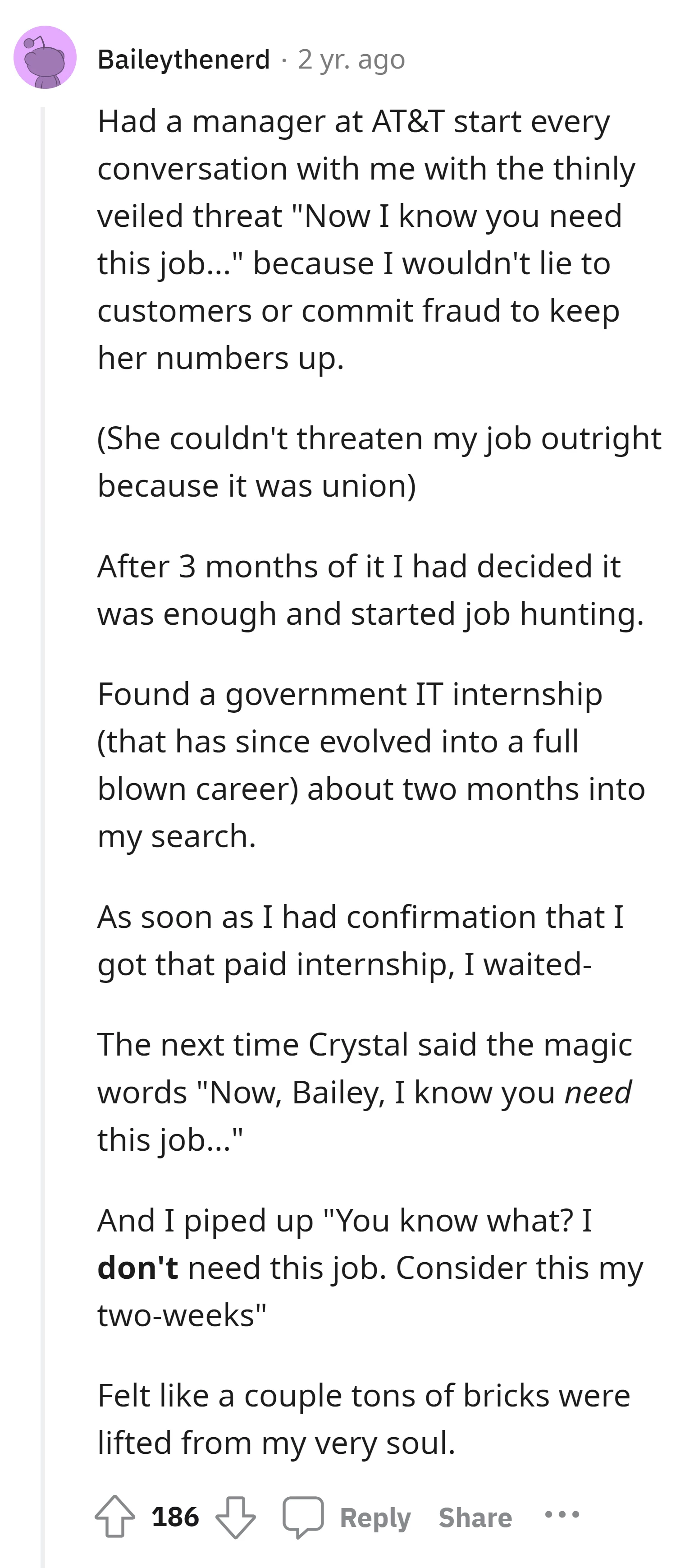 This Redditor, protected by a union, ultimately found relief by securing a government IT internship