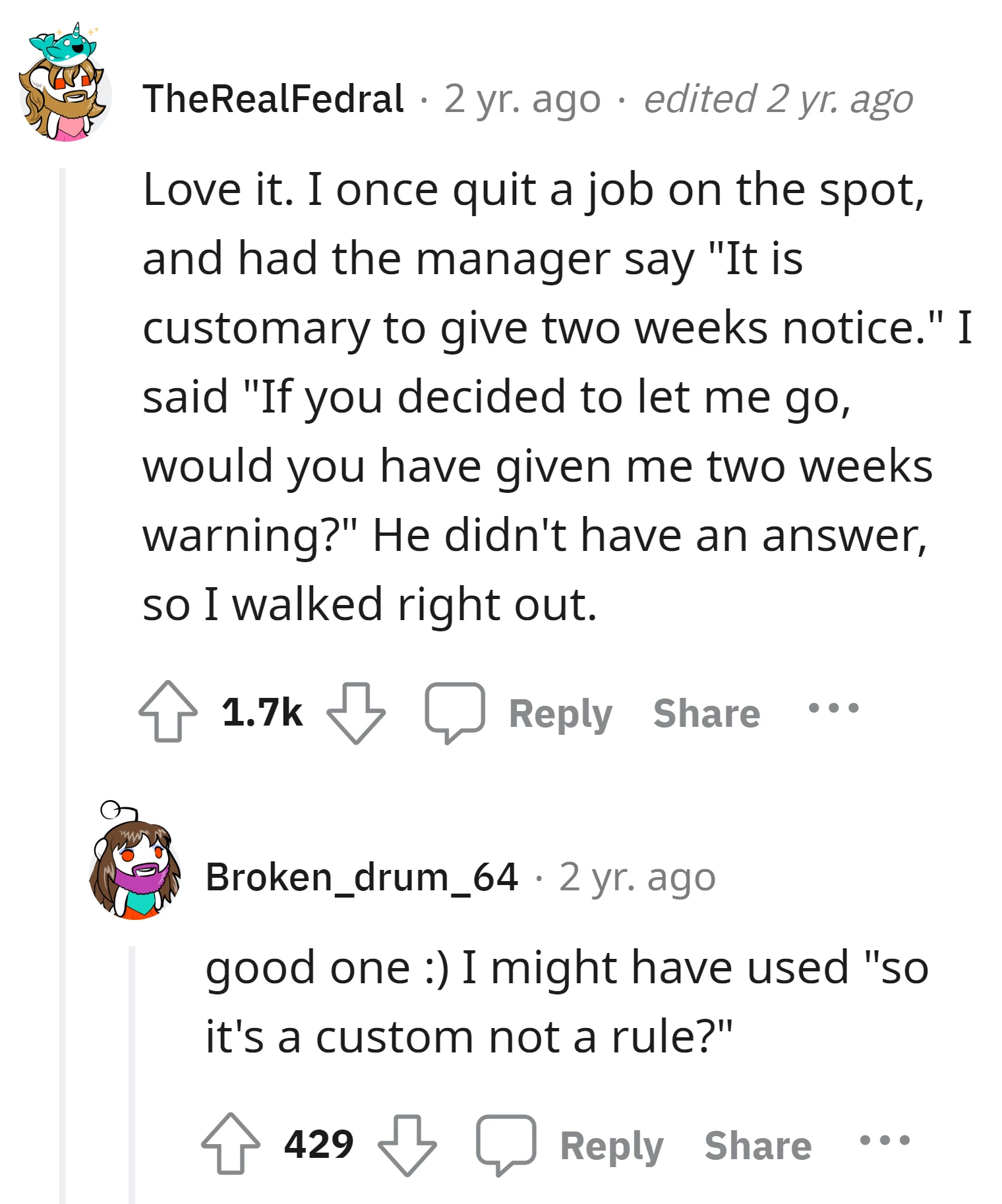 This commenter shares a story of quitting a job on the spot