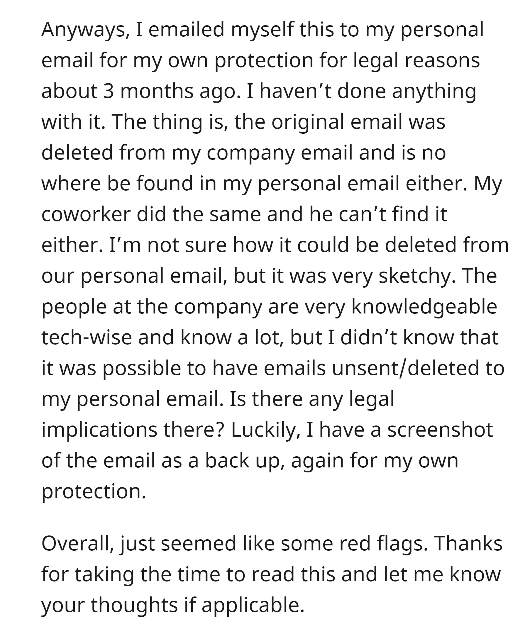 OP emailed themselves a crucial company communication about salary discussions for legal protection