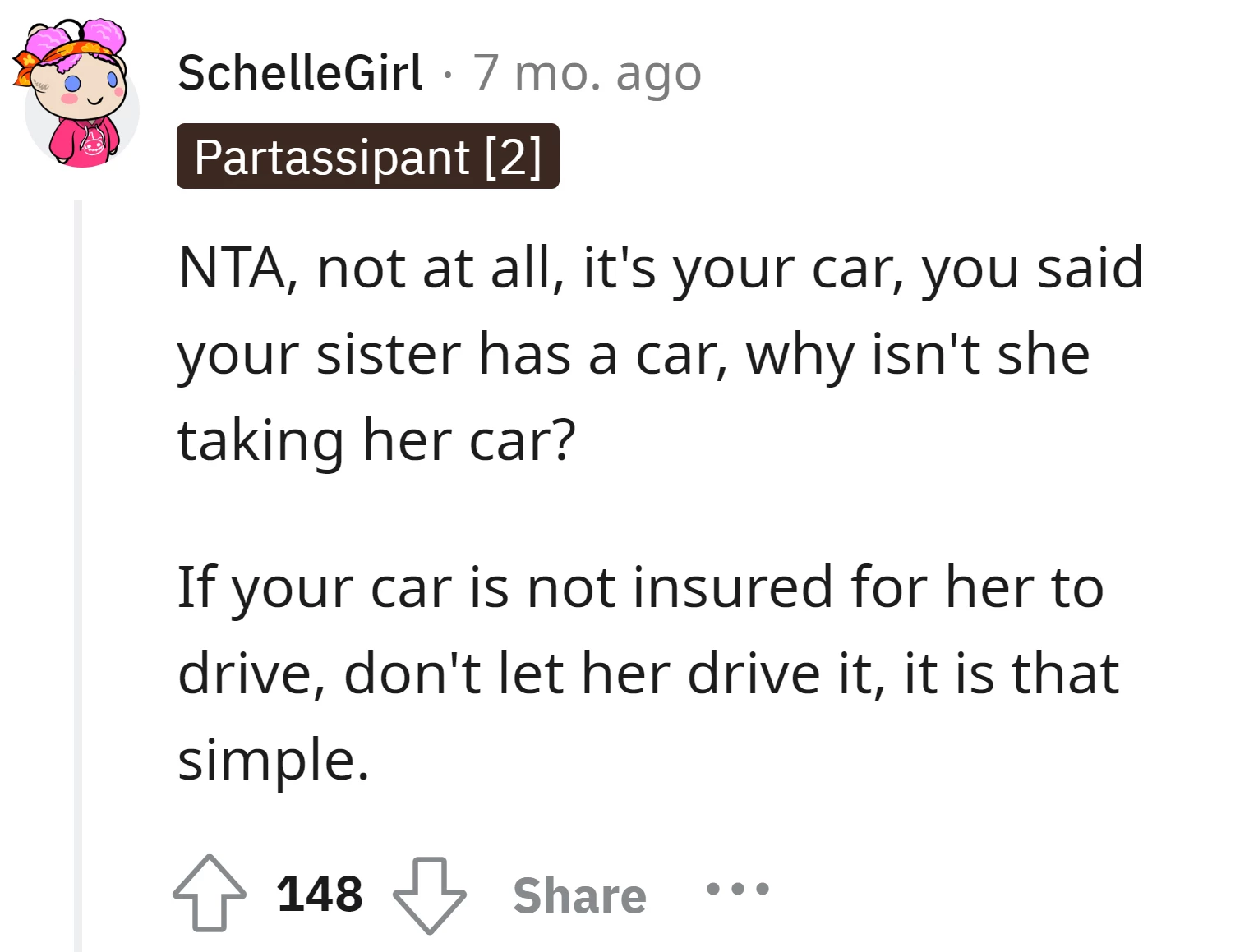 Why the sister doesn't use her own car for the road trip