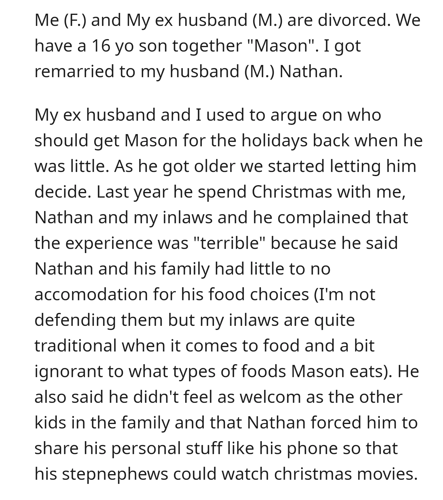 OP's son doesn't like spending Christmas at the OP's remarried household