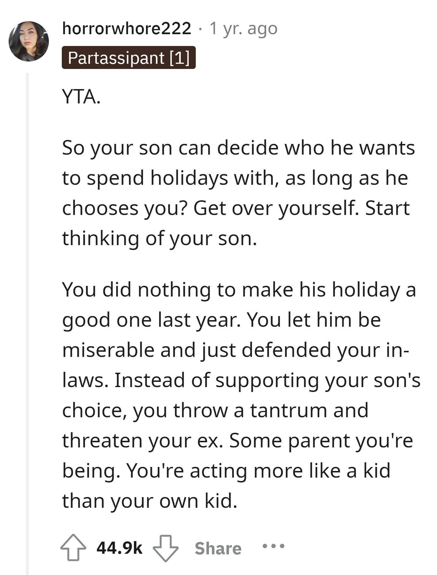 Commenter criticizes the OP for prioritize her own feelings over her son's