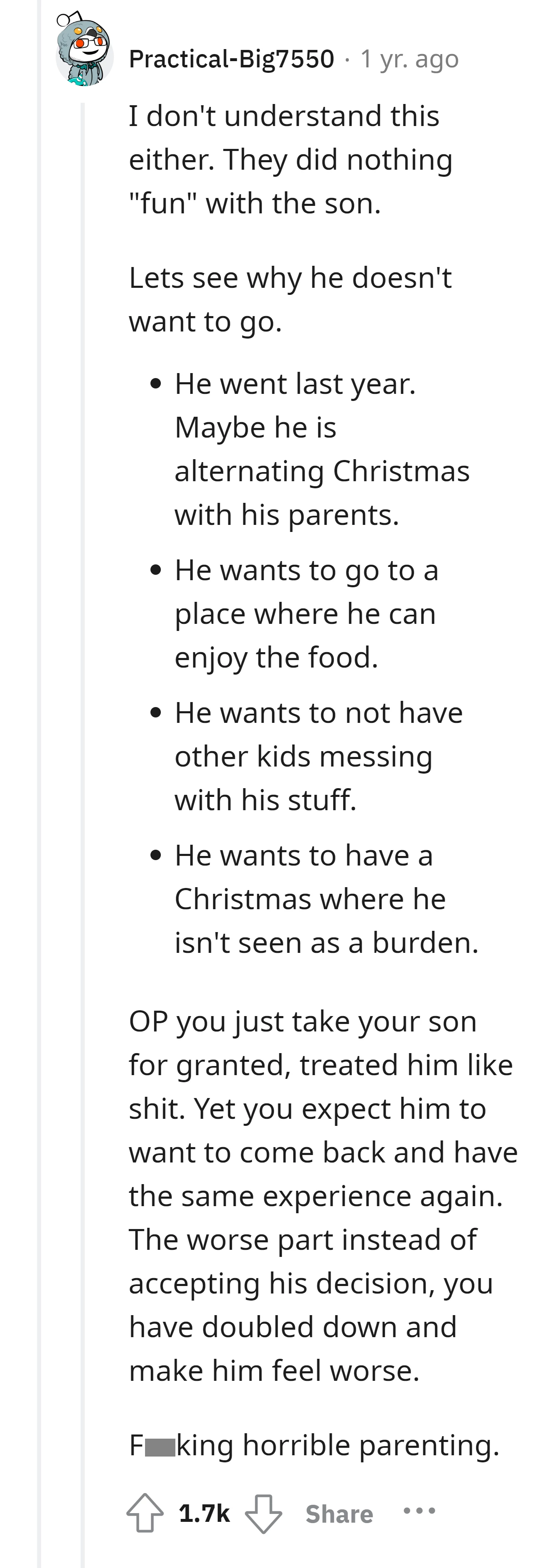 Commenter criticizes the OP for not understanding their son's reasons