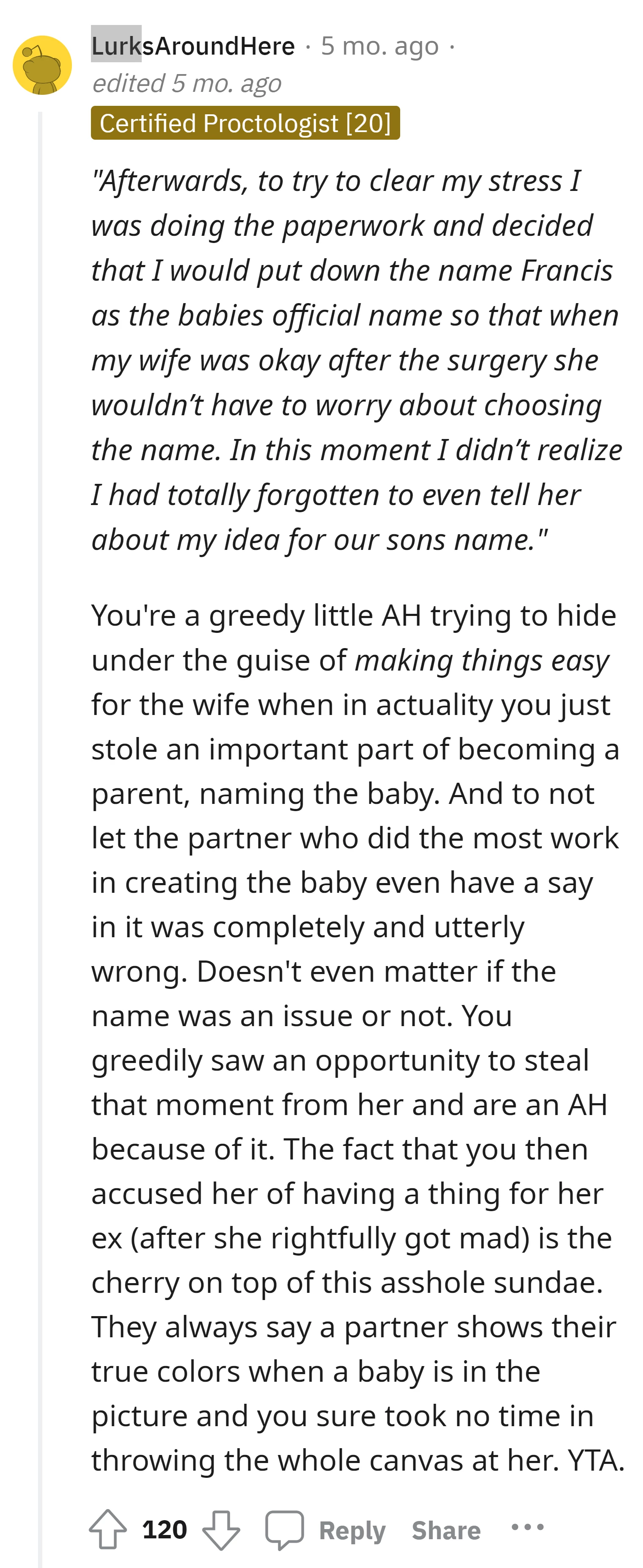 Commenter criticizes OP for selfishly taking away the important decision of naming the baby from his wife