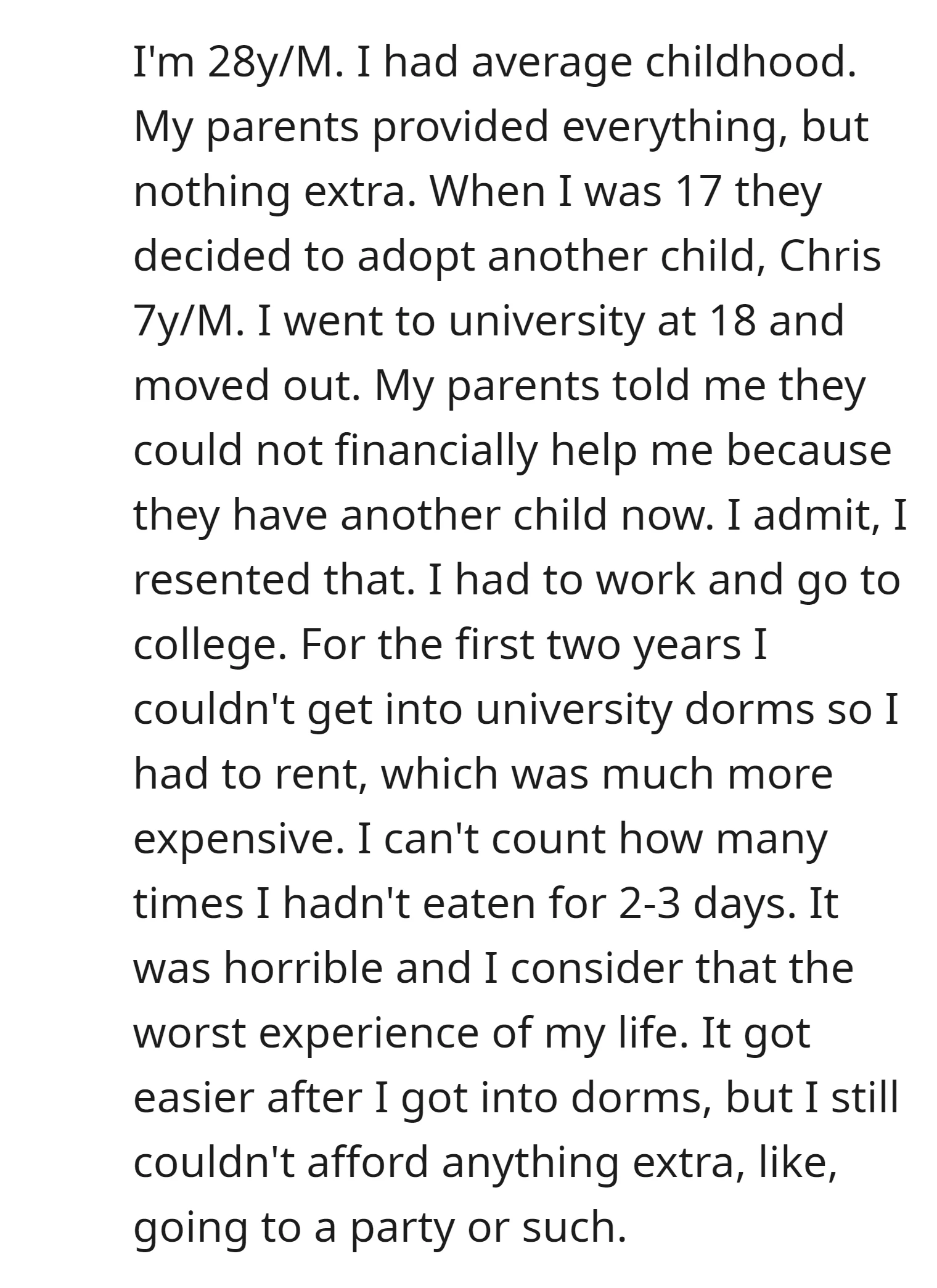 OP faced financial struggles during university due to lack of parental support after they adopted a younger sibling
