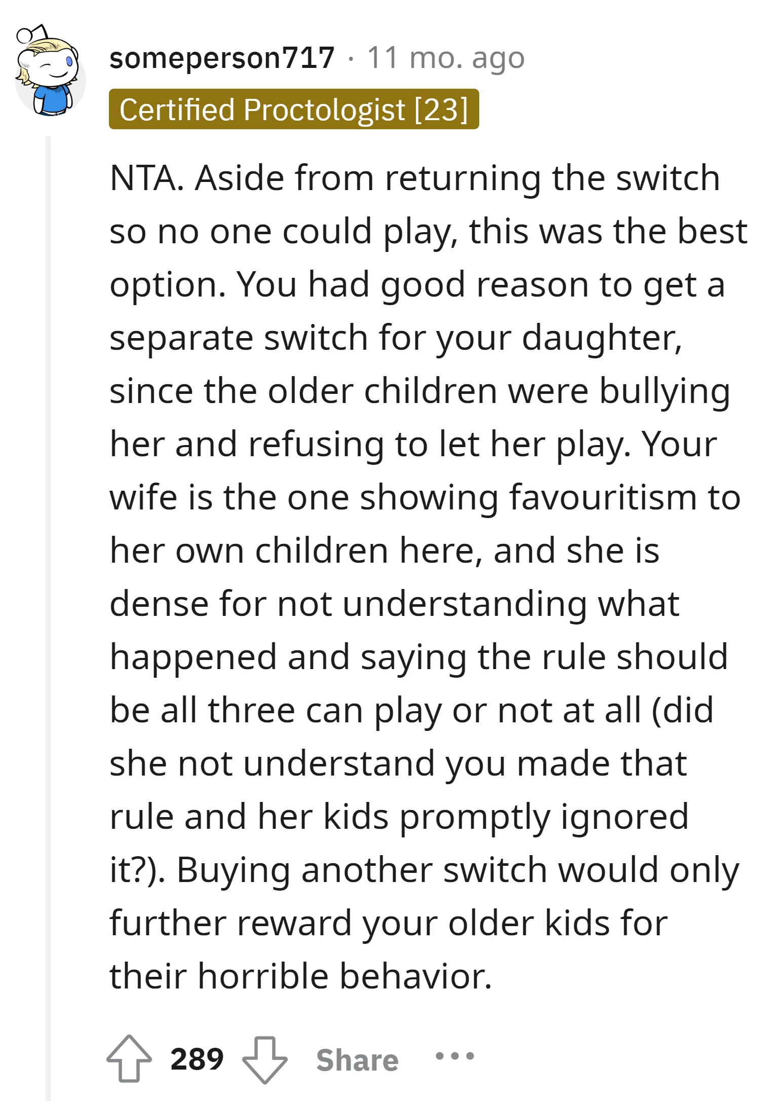 Get a separate switch for the daughter due to bullying from the older kids is a great move