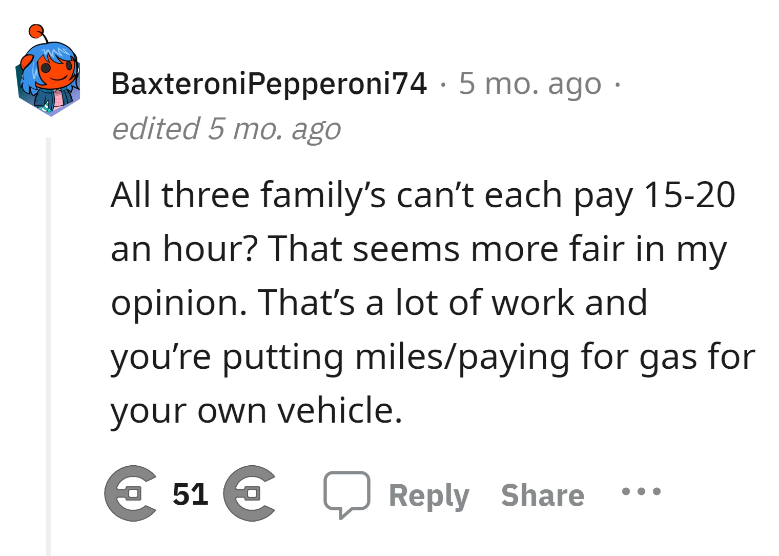 It seems more fair if each of the three families can pay $15-20 per hour