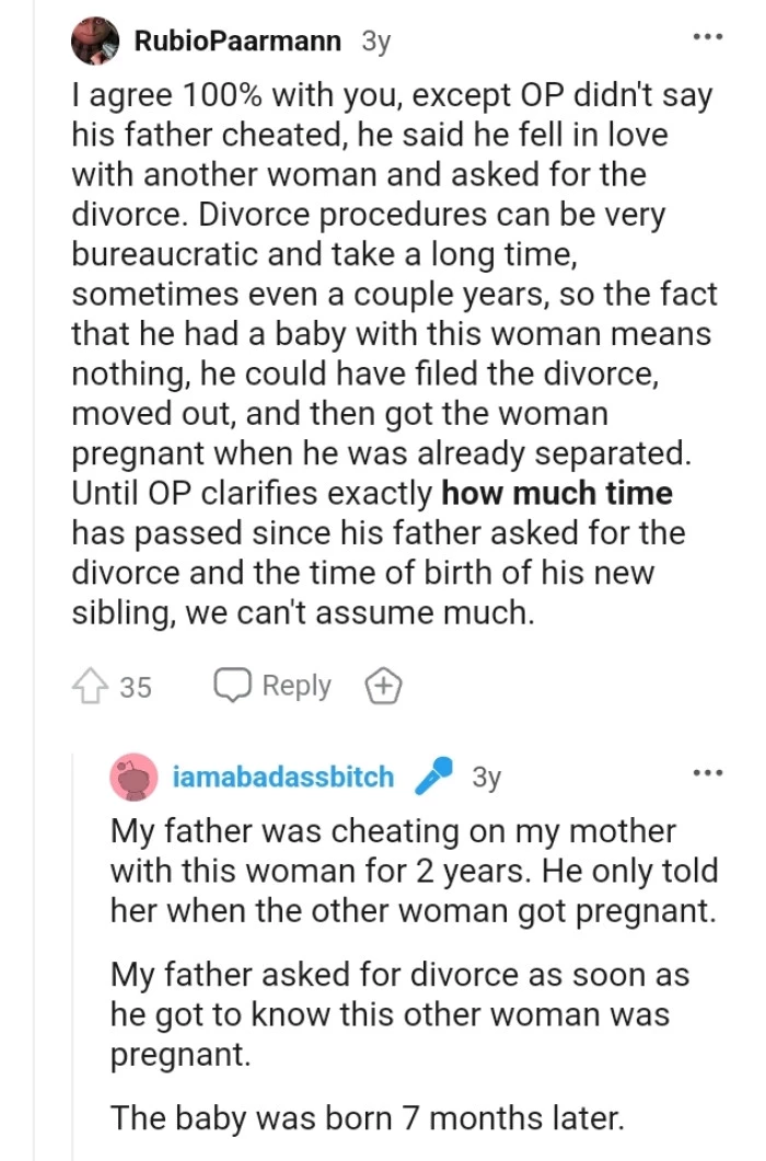 OP clarifies that the father had been cheating for two years before revealing it to the mother