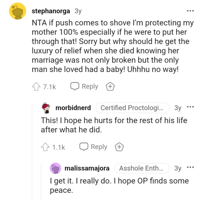 The father should not experience relief for causing her pain