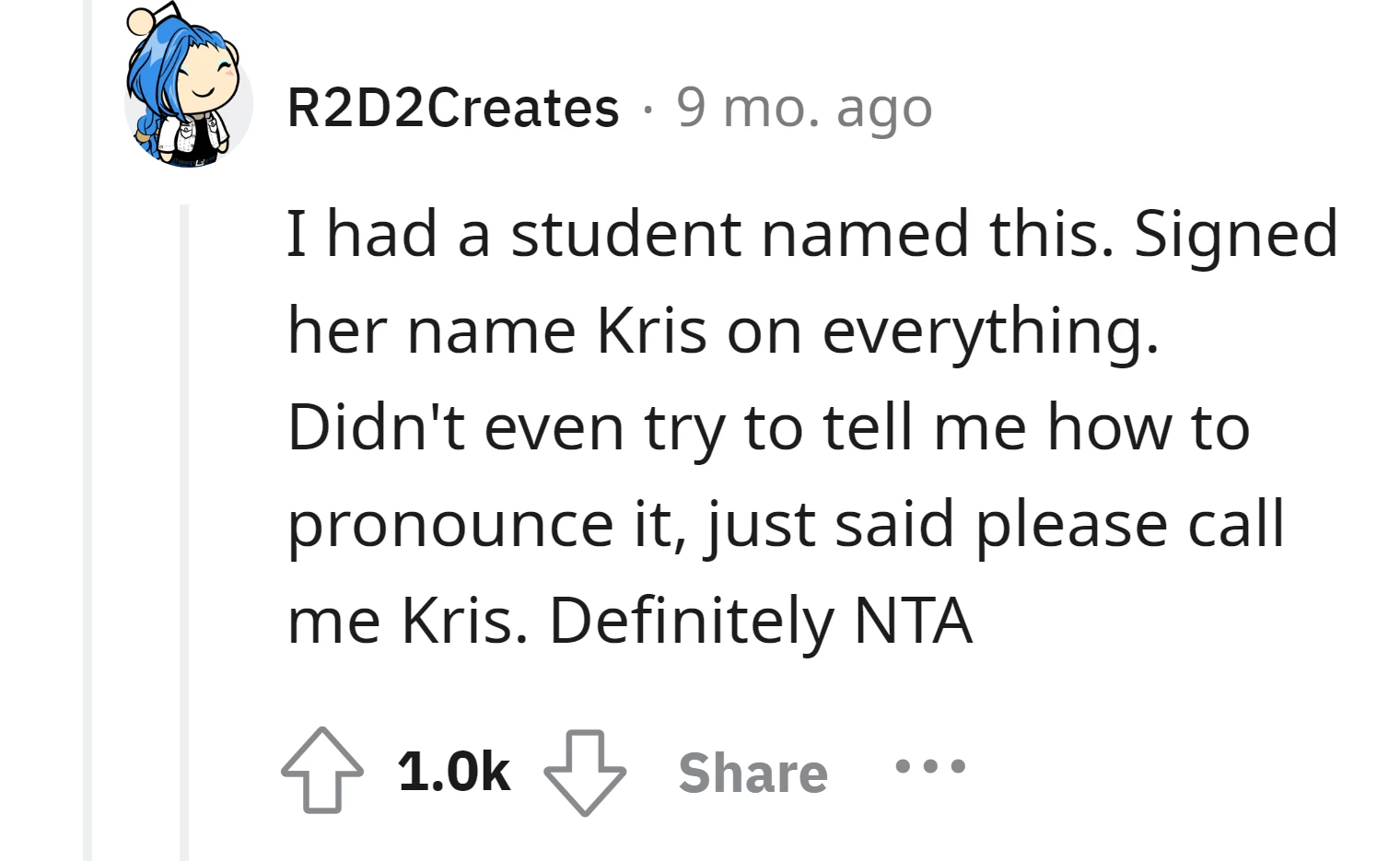 Commenter shares an experience with a student who had a similar unconventional name