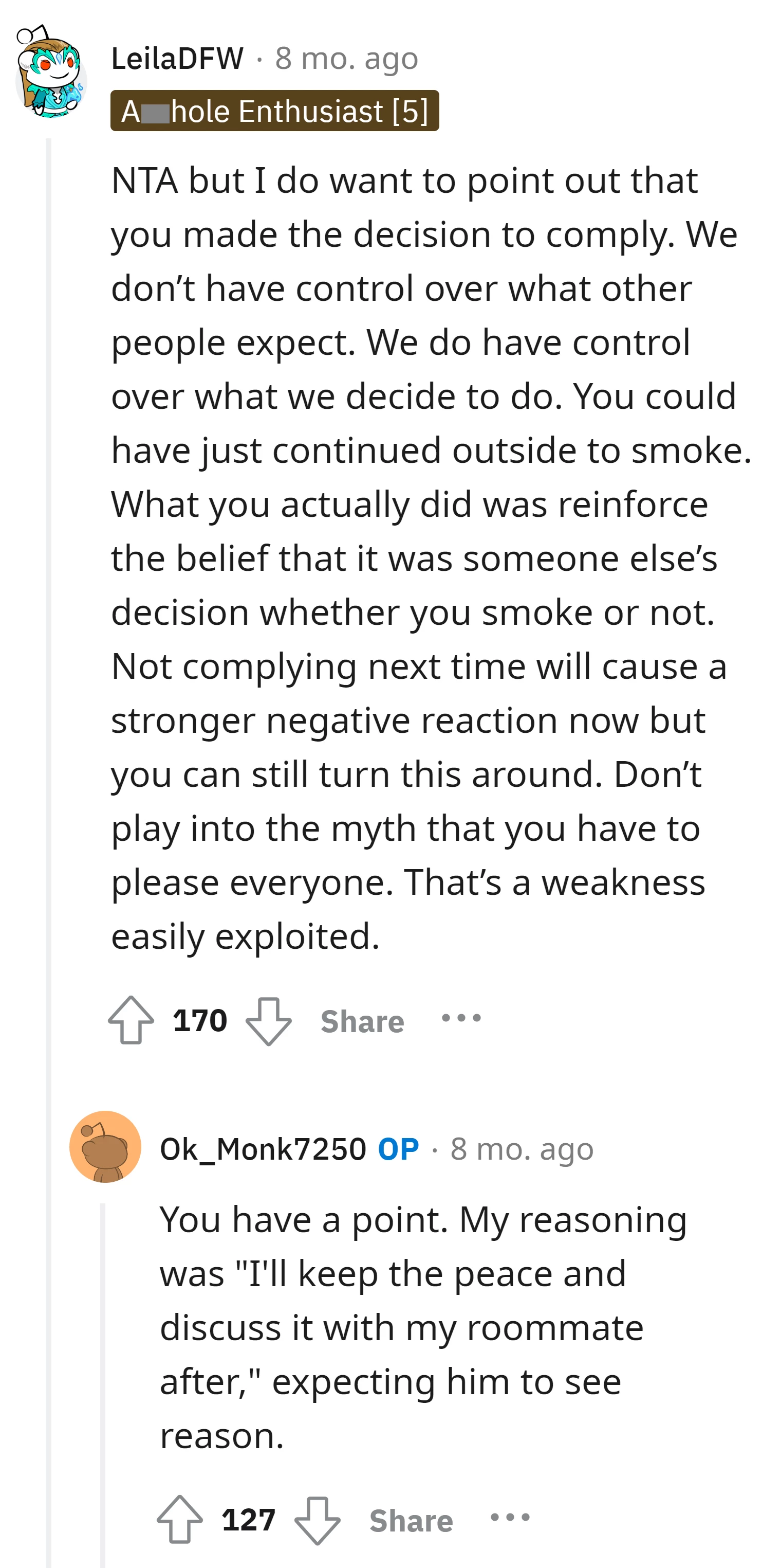 Commenter encourages the OP to assert their autonomy in the future