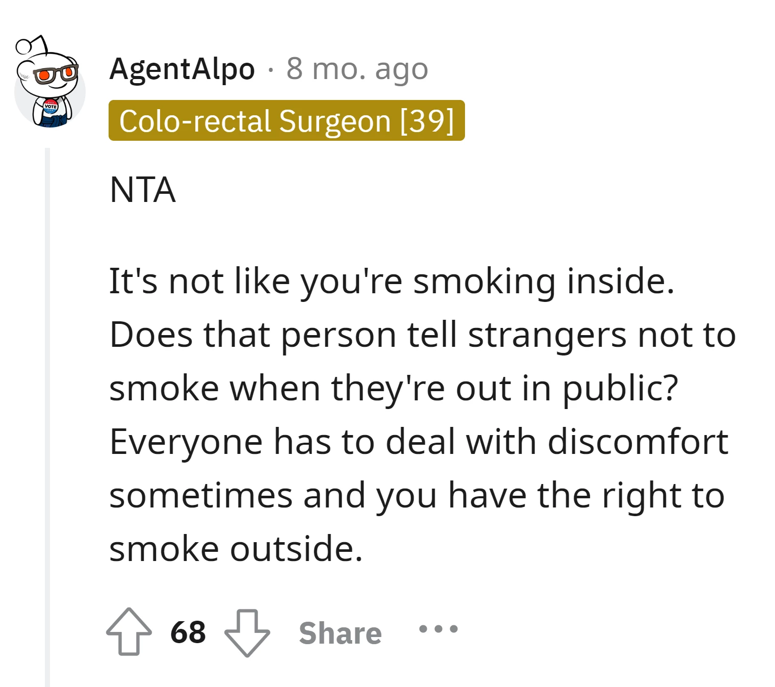 Smoking outside is within the OP's rights