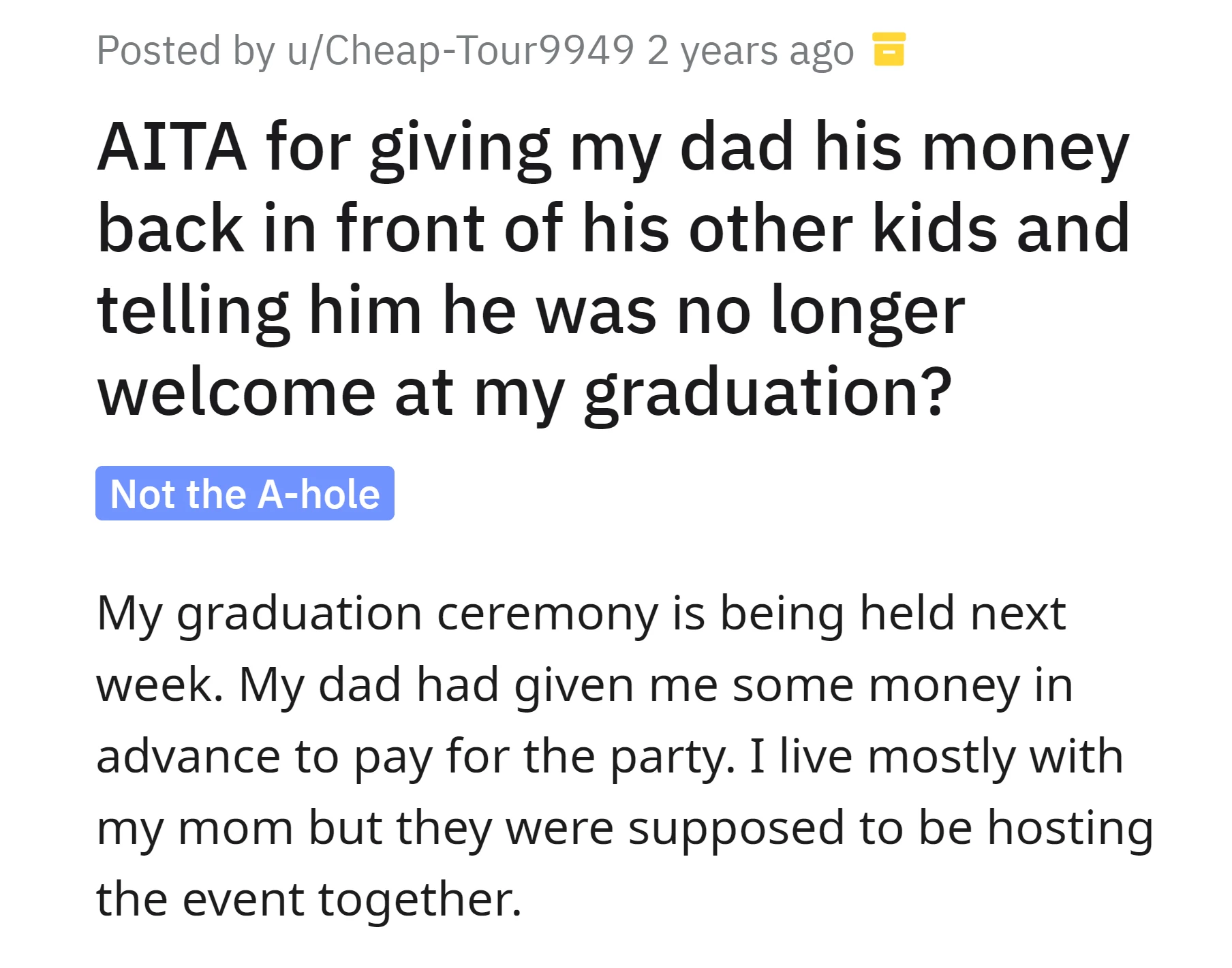 Both OP's mom and dad were initially planning to host the graduation party together