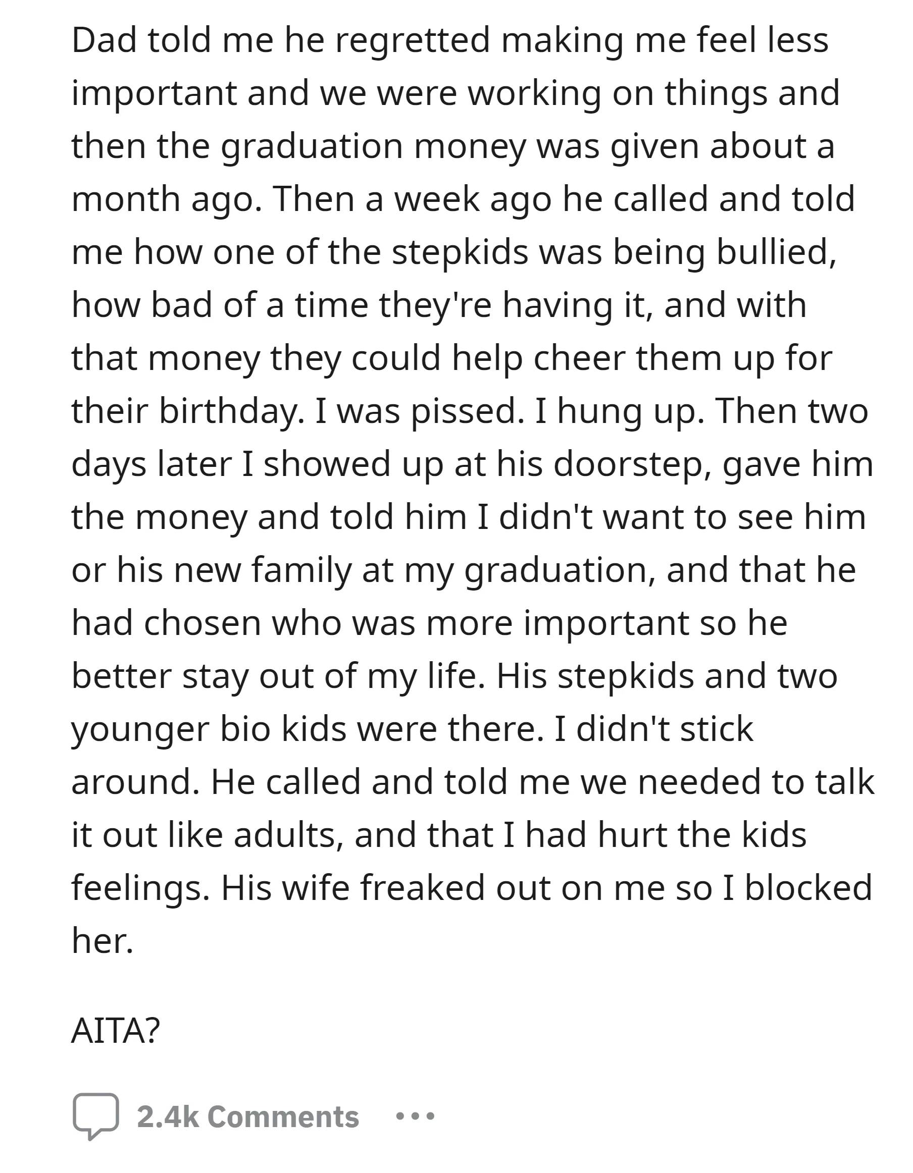 The OP ultimately decided to cut ties and exclude the dad and his new family from the graduation celebration