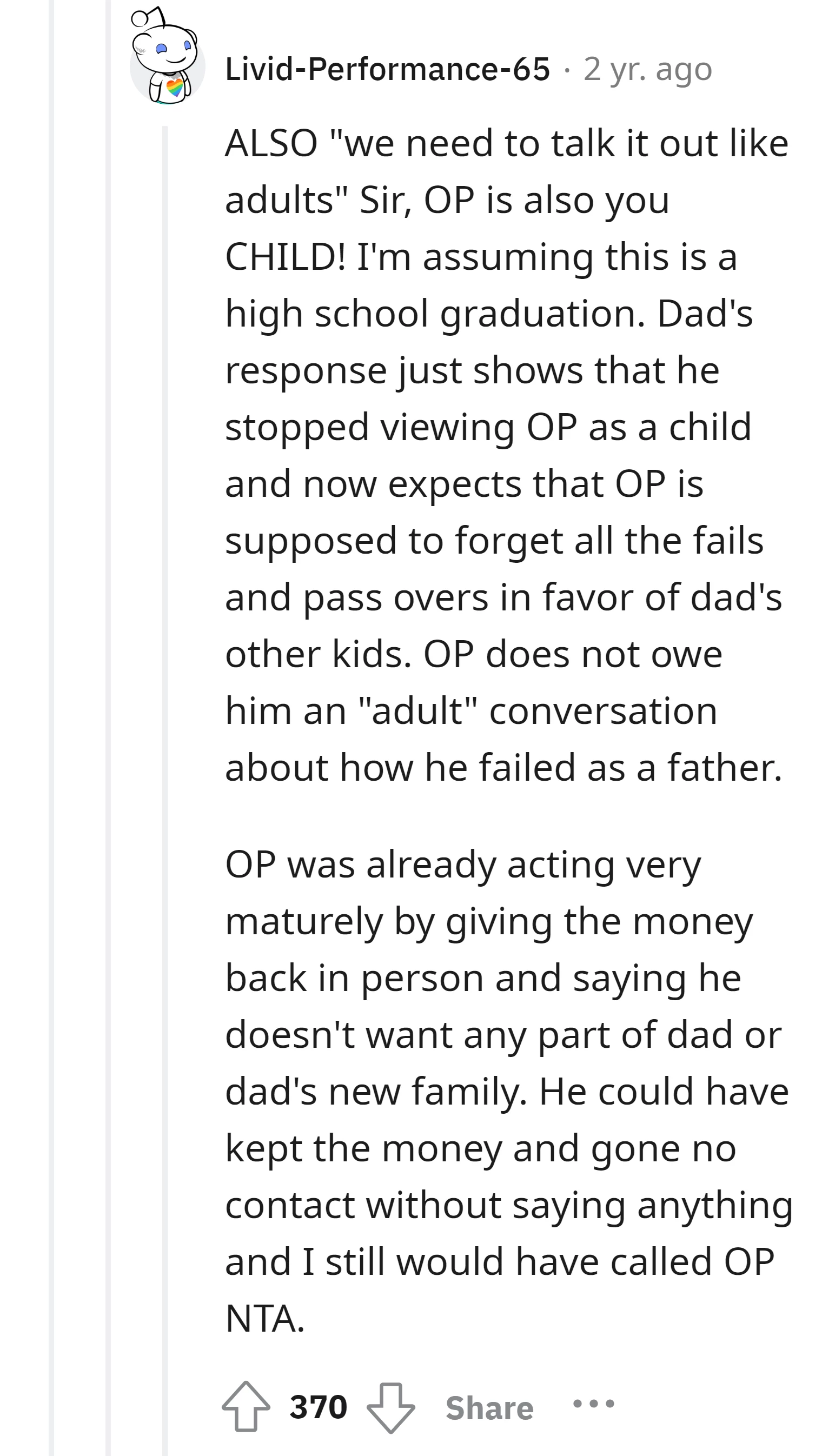 The OP doesn't owe the dad a discussion about his failures as a father