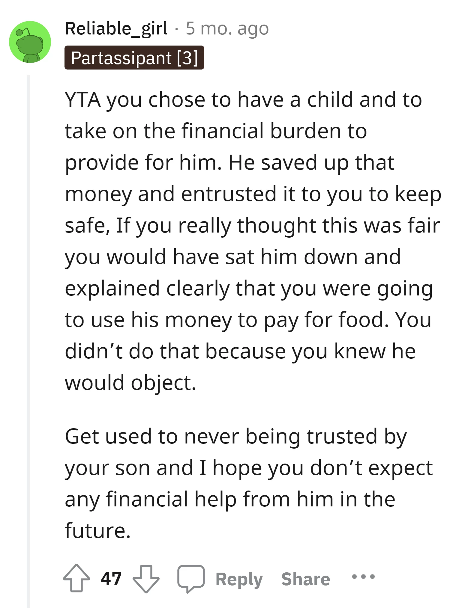 The OP violated trust by using the son's saved money without proper explanation