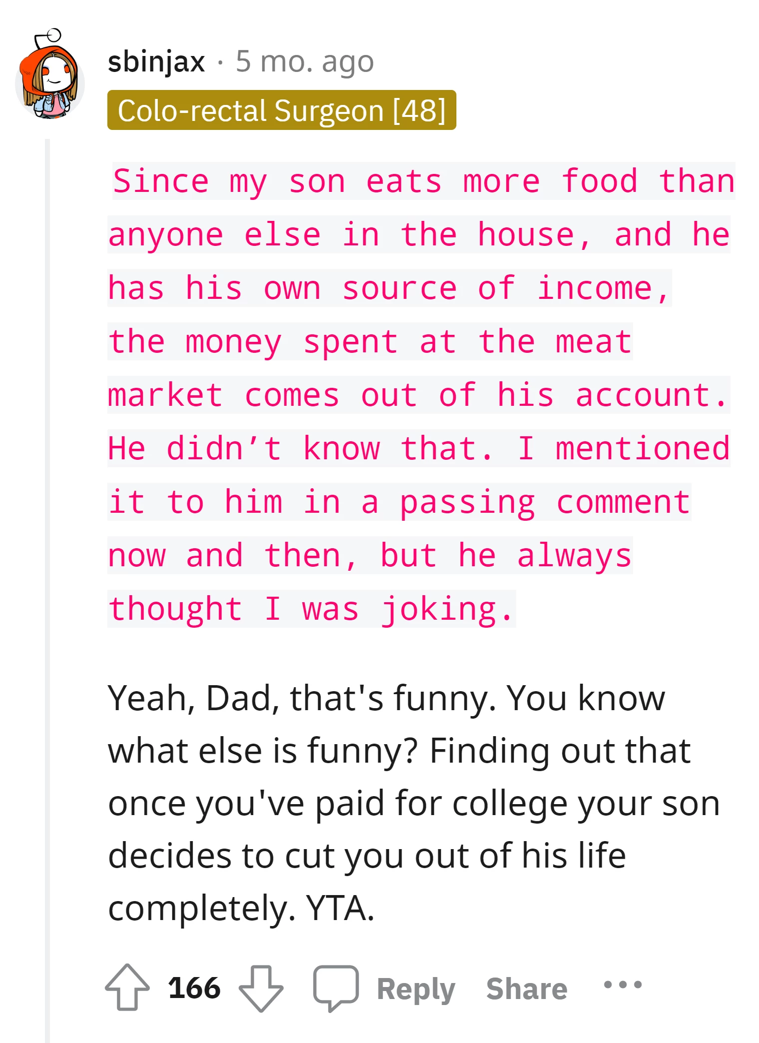 Commenter accuses the OP for secretly using the son's income to cover meat expenses