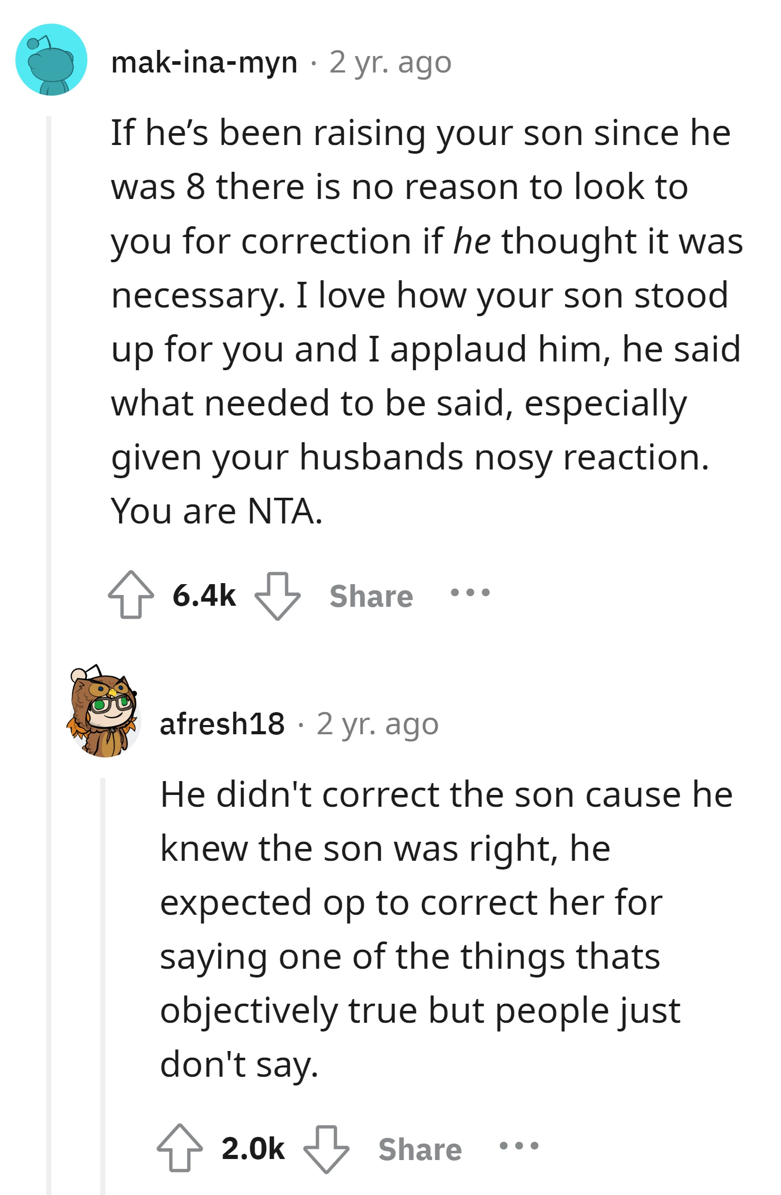 Commenter commends the son for standing up for the OP in response to the husband's nosy reaction