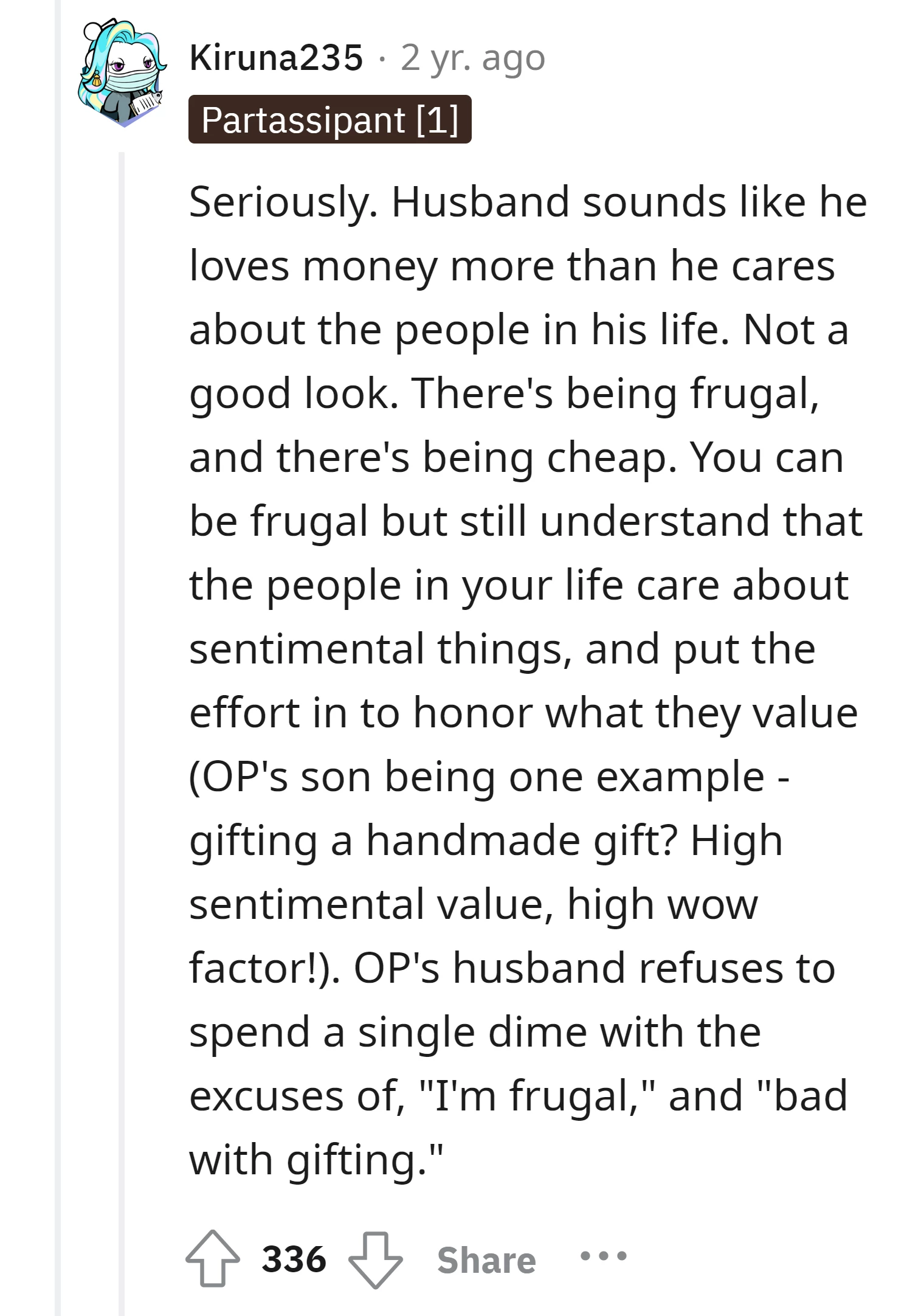 Commenter criticizes the husband for prioritizing money over relationships