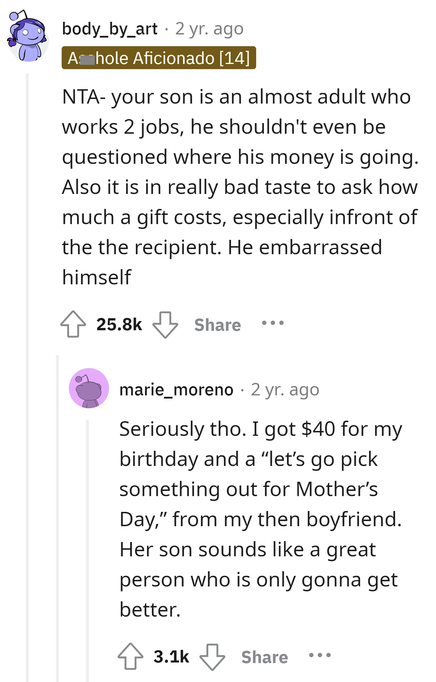 It's inappropriate for the husband to ask about the gift's cost