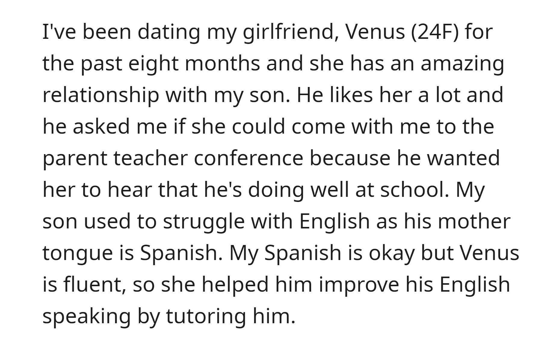 OP's girlfriend has been invited by his son to attend the parent-teacher conference for the first time